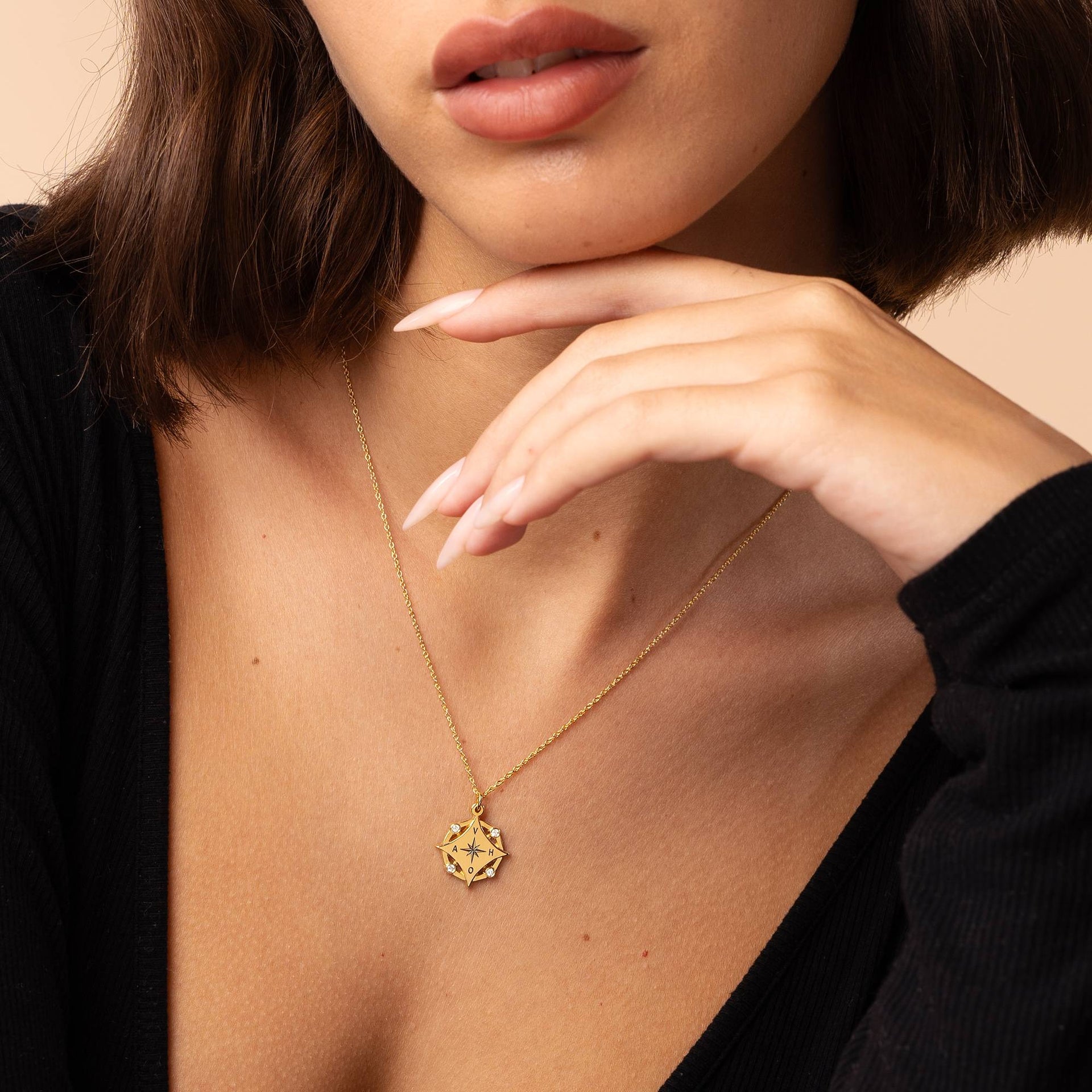 Kaia Initial Compass Necklace with Diamonds in 18K Gold Plating