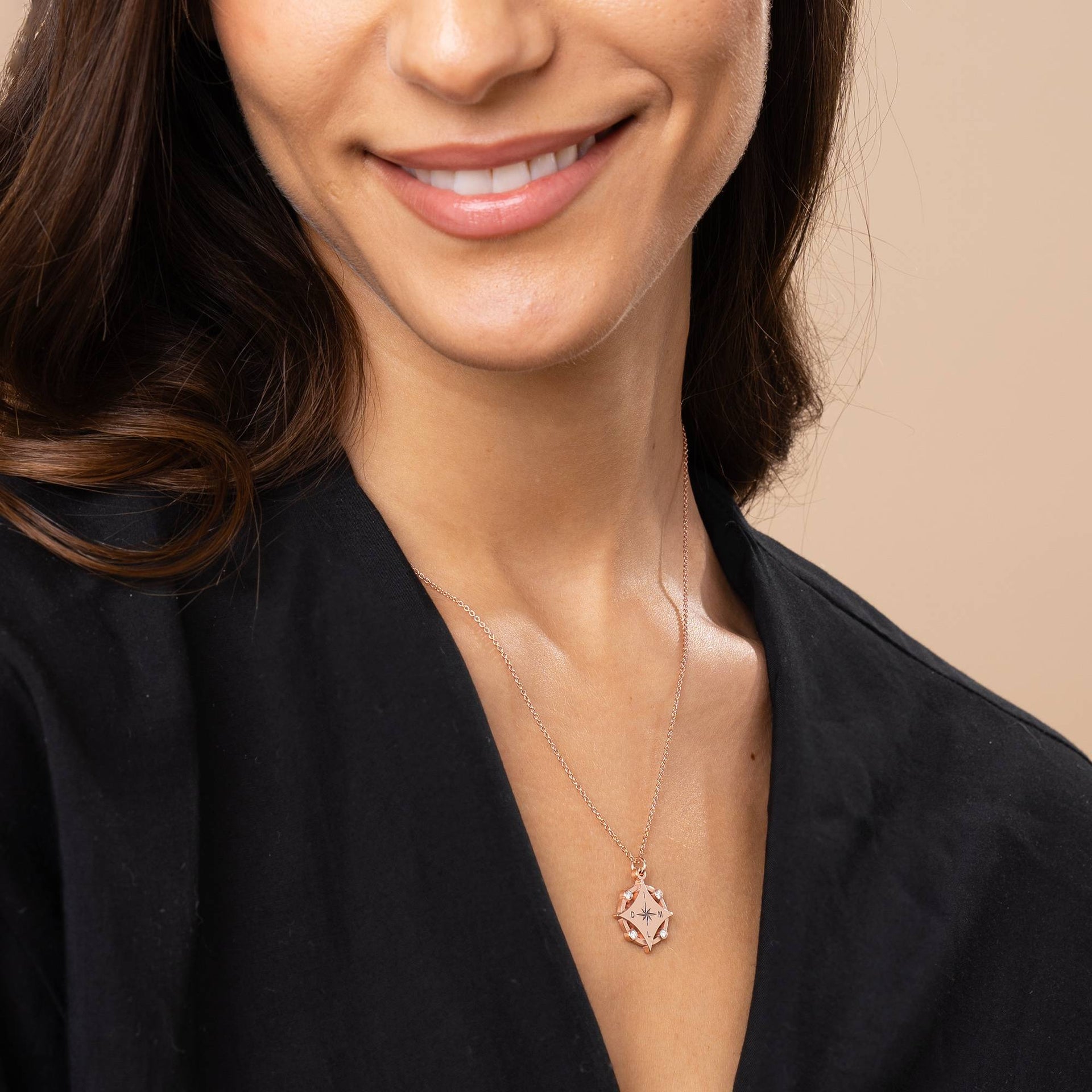 Kaia Initial Compass Necklace with Diamonds in 18K Rose Gold Plating