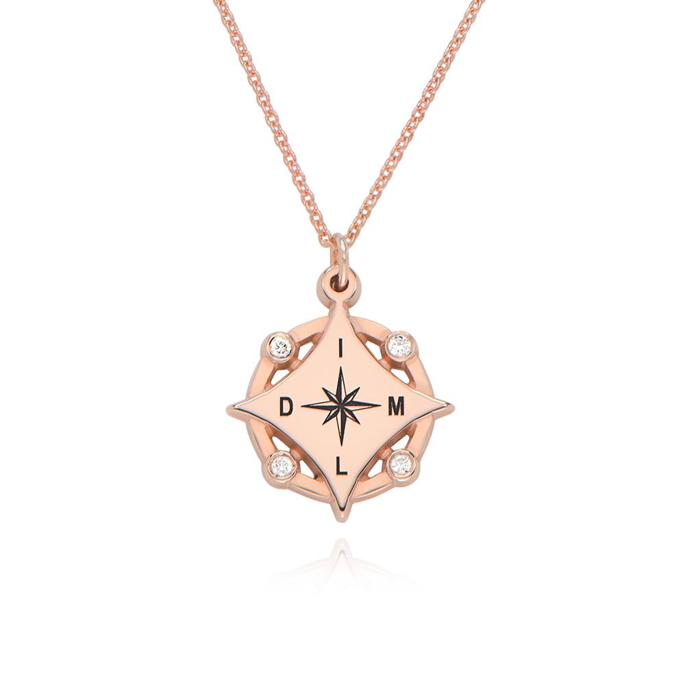 Kaia Initial Compass Necklace with Diamonds in 18K Rose Gold Plating