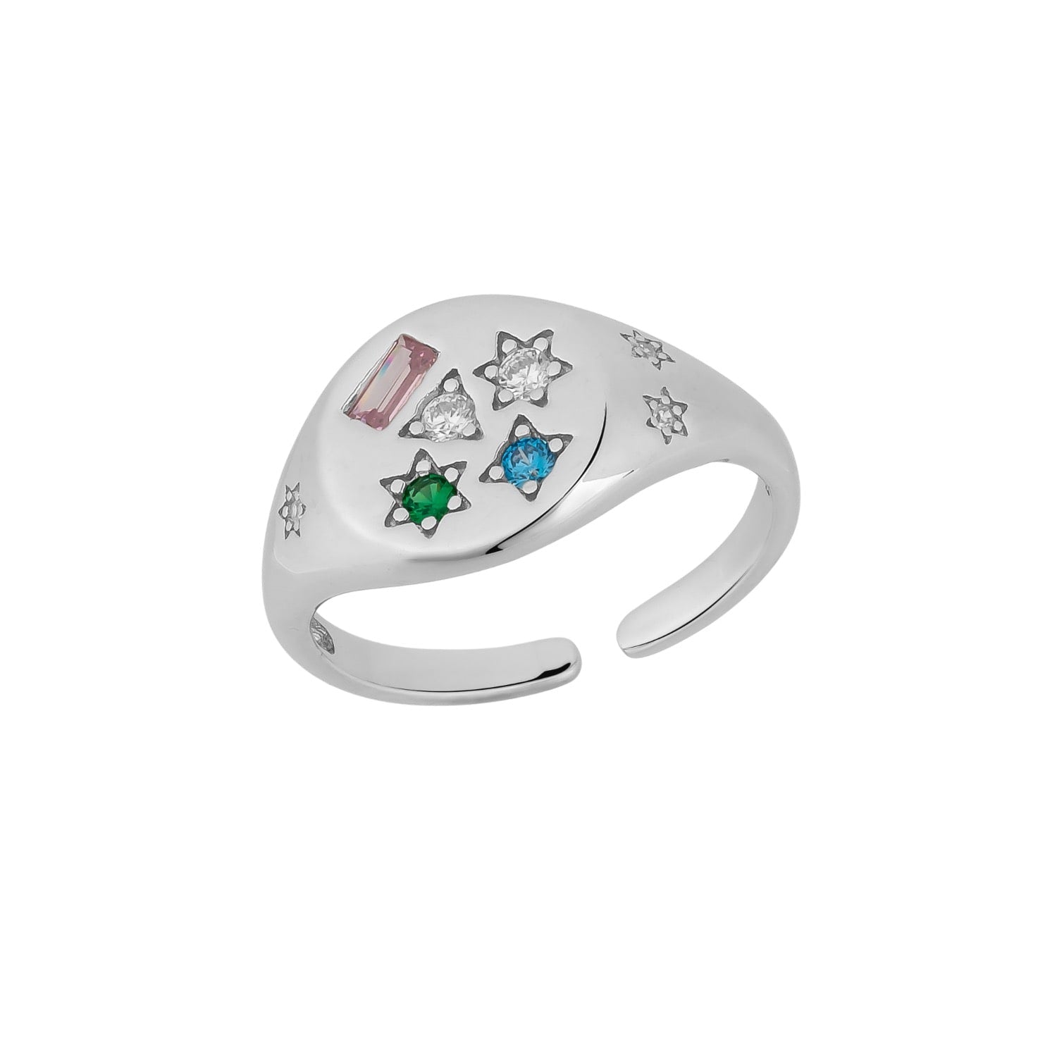 Kaleidoscope Gemstone Multicolour Round Sterling Silver Adjustable Signet Ring - Silver