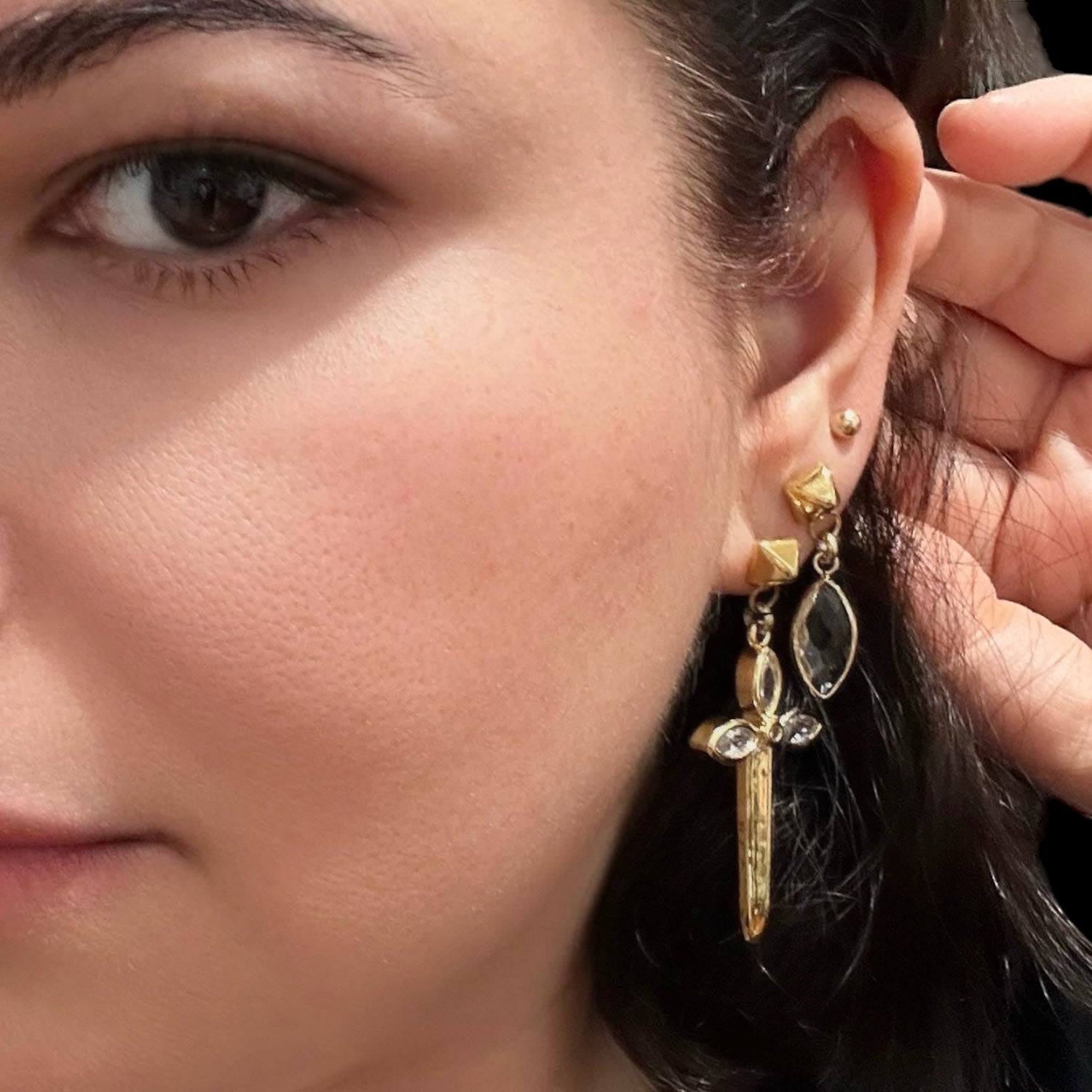 Karma Mismatched Dagger Earrings Yellow Gold