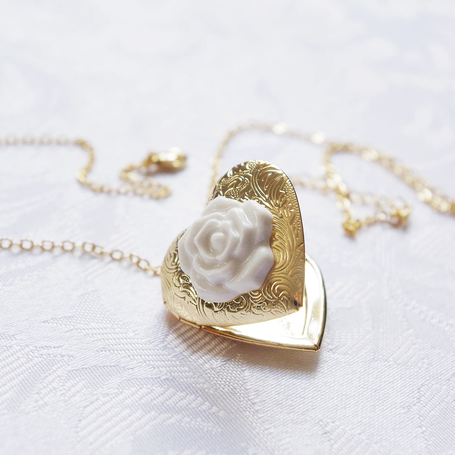 Classic Heart Locket With Porcelain Rose Pendant Necklace
