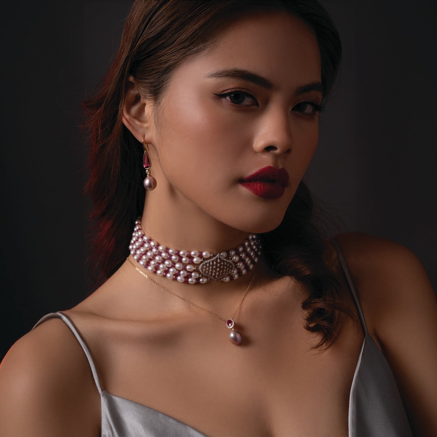 Kelly Rubellite & Diamond Drop Edison Pearl Earrings