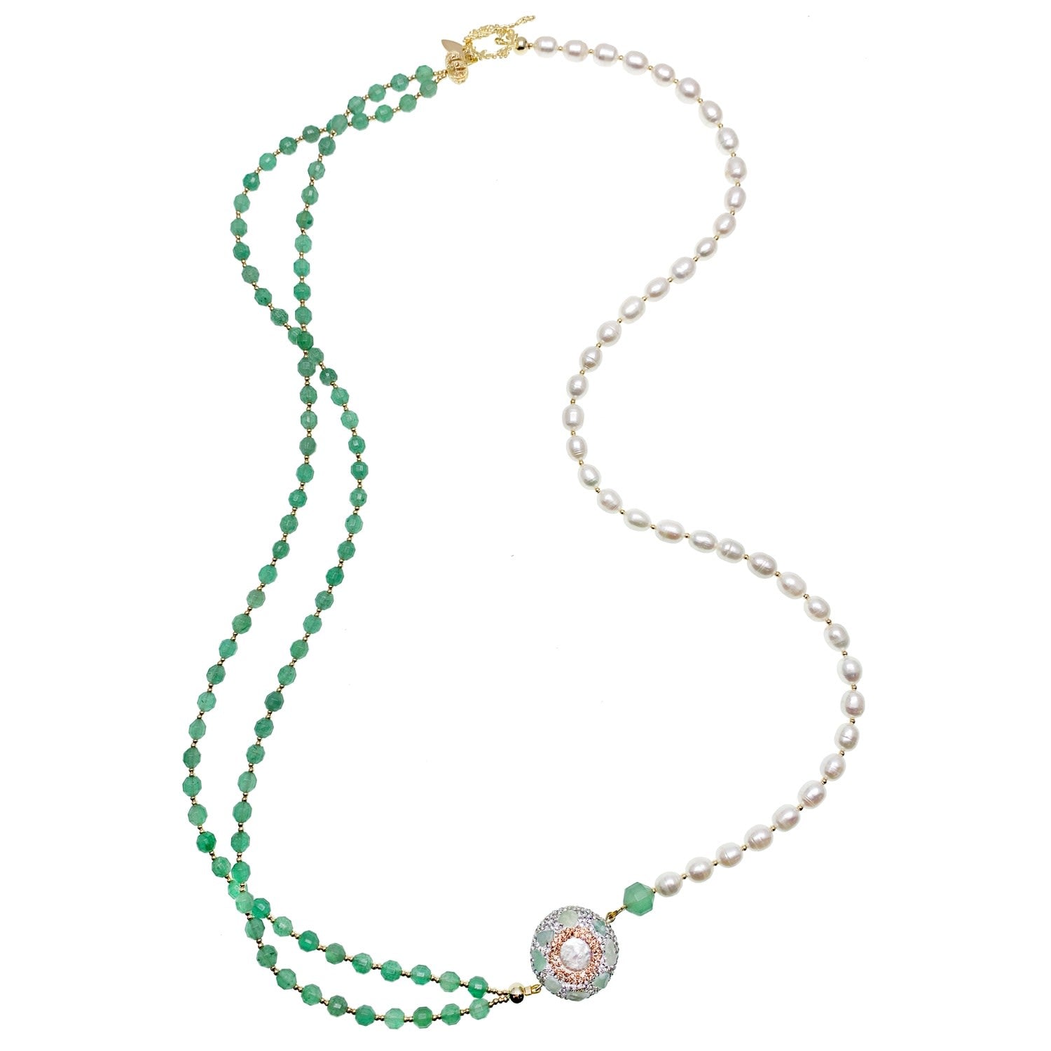 Green Aventurine And Pearls With Rhinestone Long Necklace