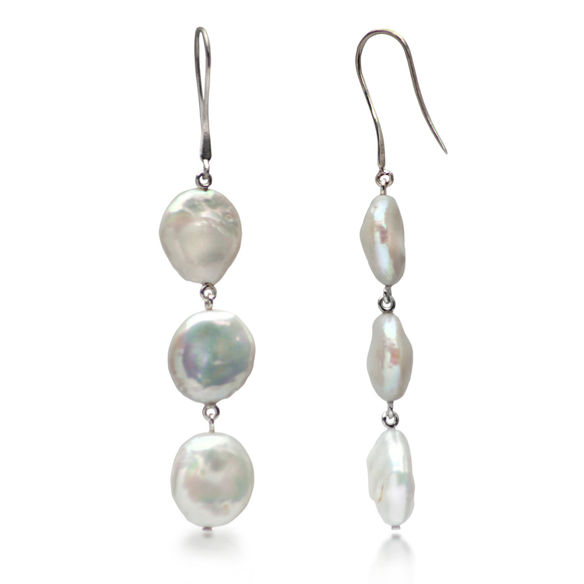Keshi Pearl Coin Three Layer Dangle Earrings In Sterling Silver