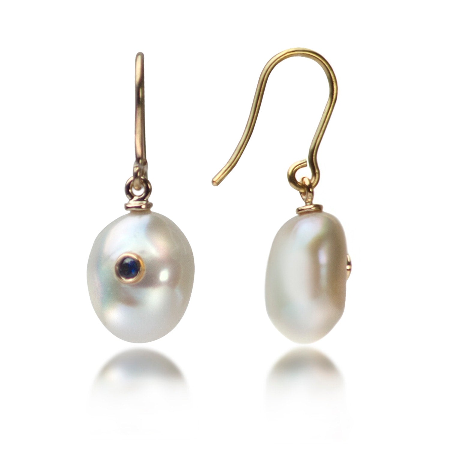 Keshi Pearl Earrings With Blue Sapphire In Solid Gold