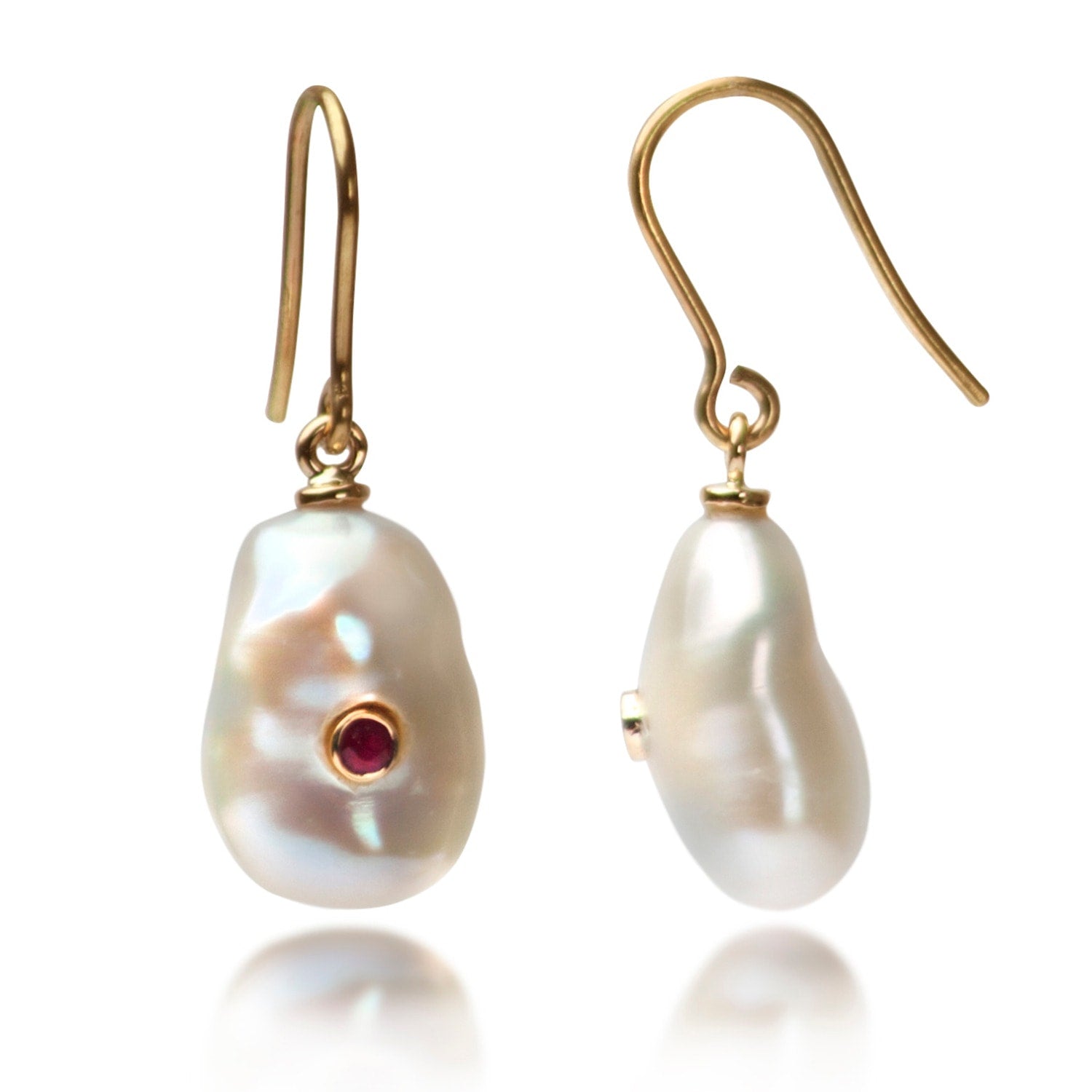 Keshi Pearl Earrings With Ruby In Solid Gold