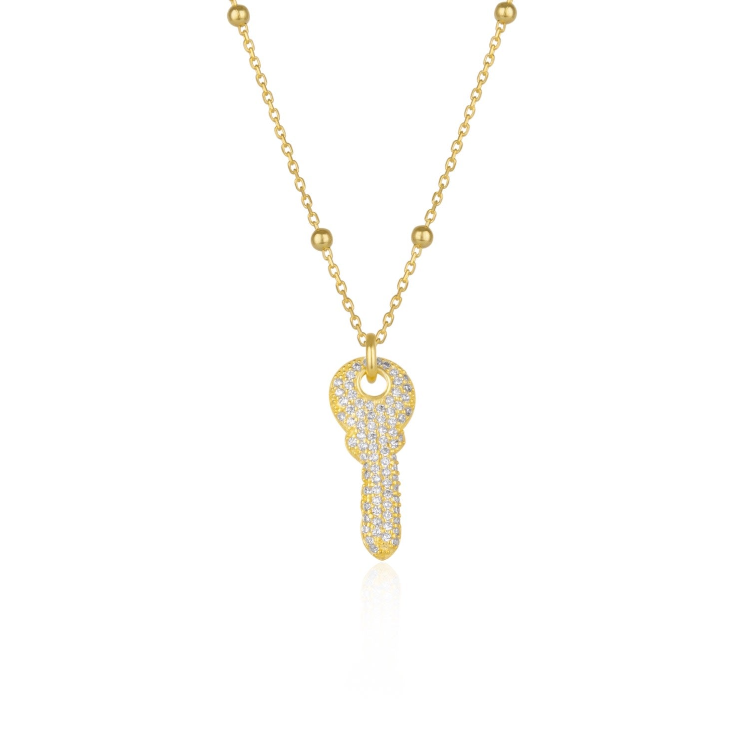 Key Pendant Necklace With Beaded Chain Gold Plated Sterling Silver