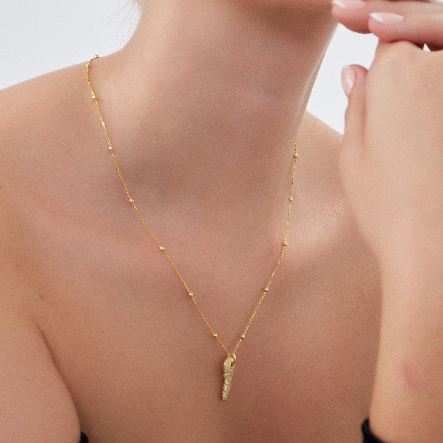 Key Pendant Necklace With Beaded Chain Gold Plated Sterling Silver