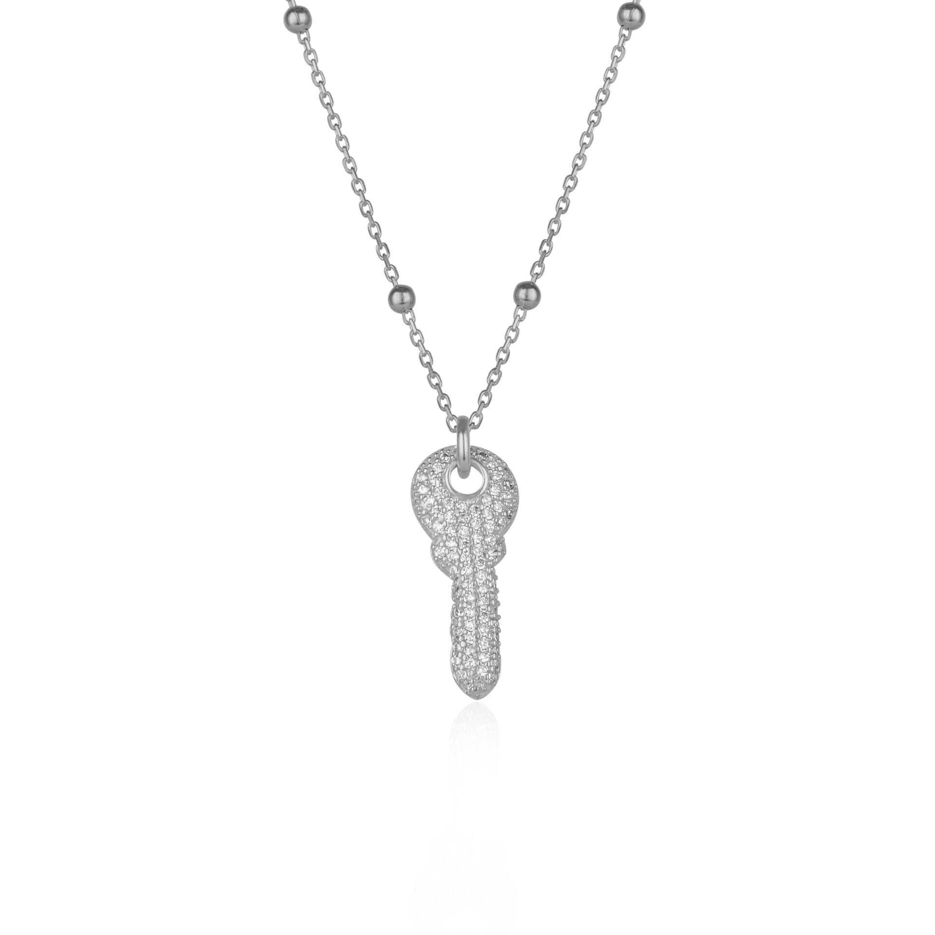 Key Pendant Necklace With Beaded Chain Sterling Silver