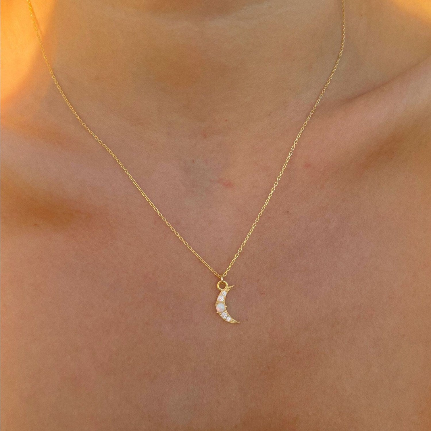 Crescent New Moon Opal Sterling Silver Necklace - White