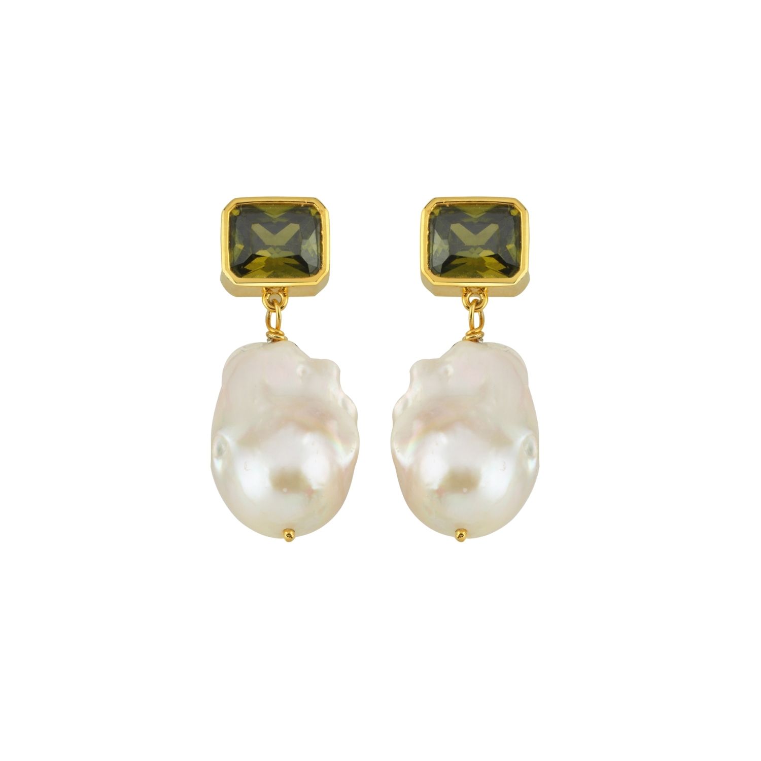 Khaki Green Crystal Stone Baroque Pearl Dangle Earrings