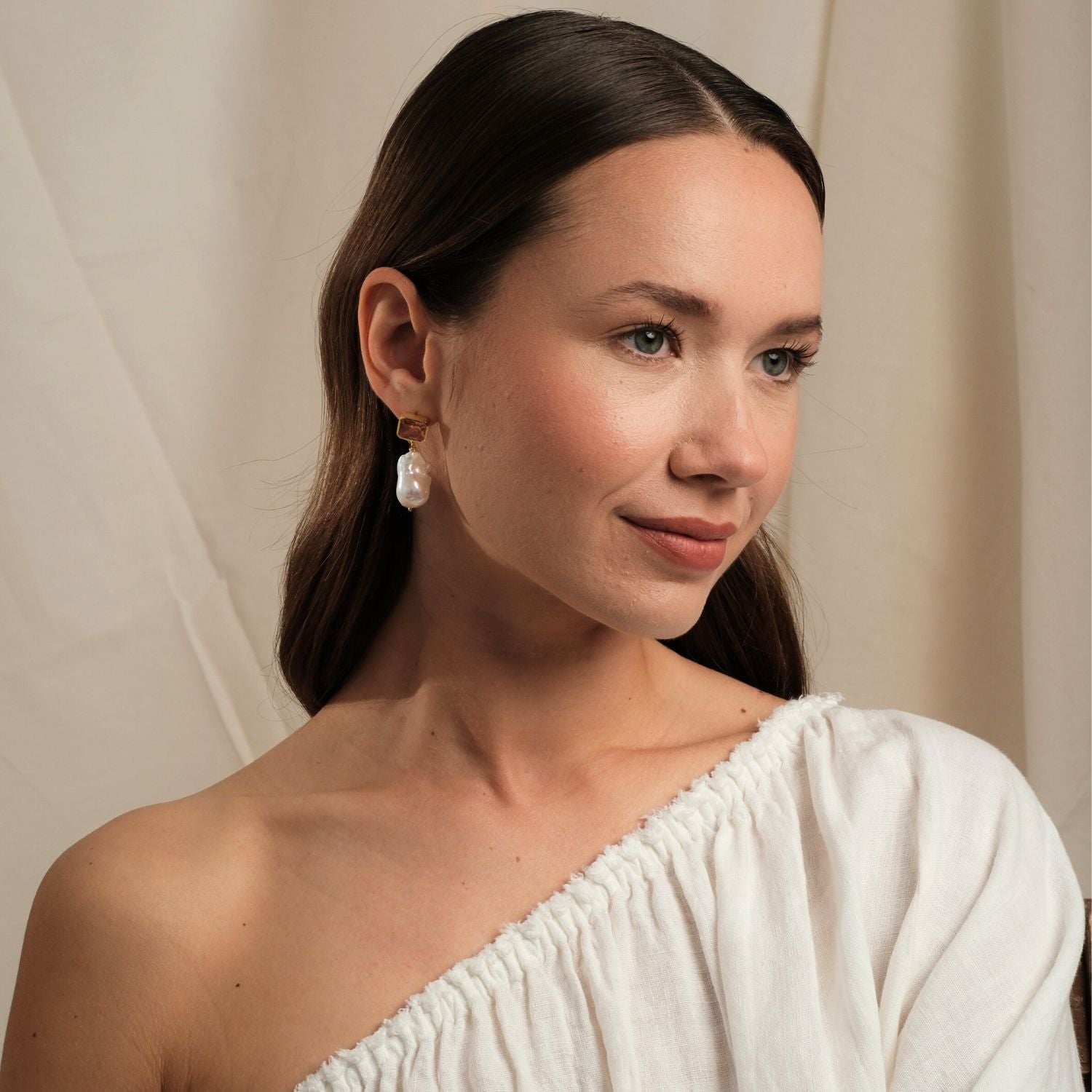 Khaki Green Crystal Stone Baroque Pearl Dangle Earrings