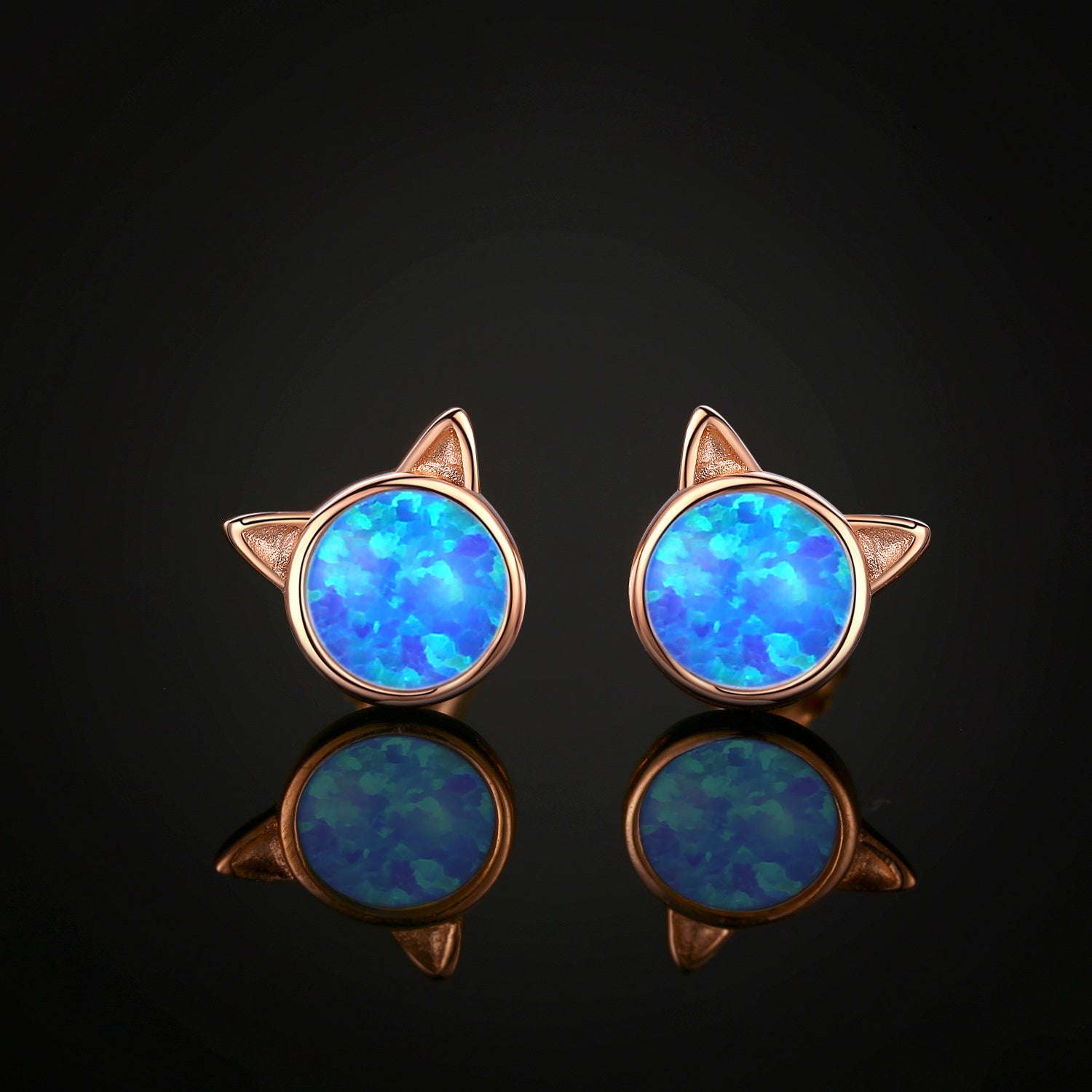 Sterling Silver with Rose Gold Plated Opal Cat Stud Earrings