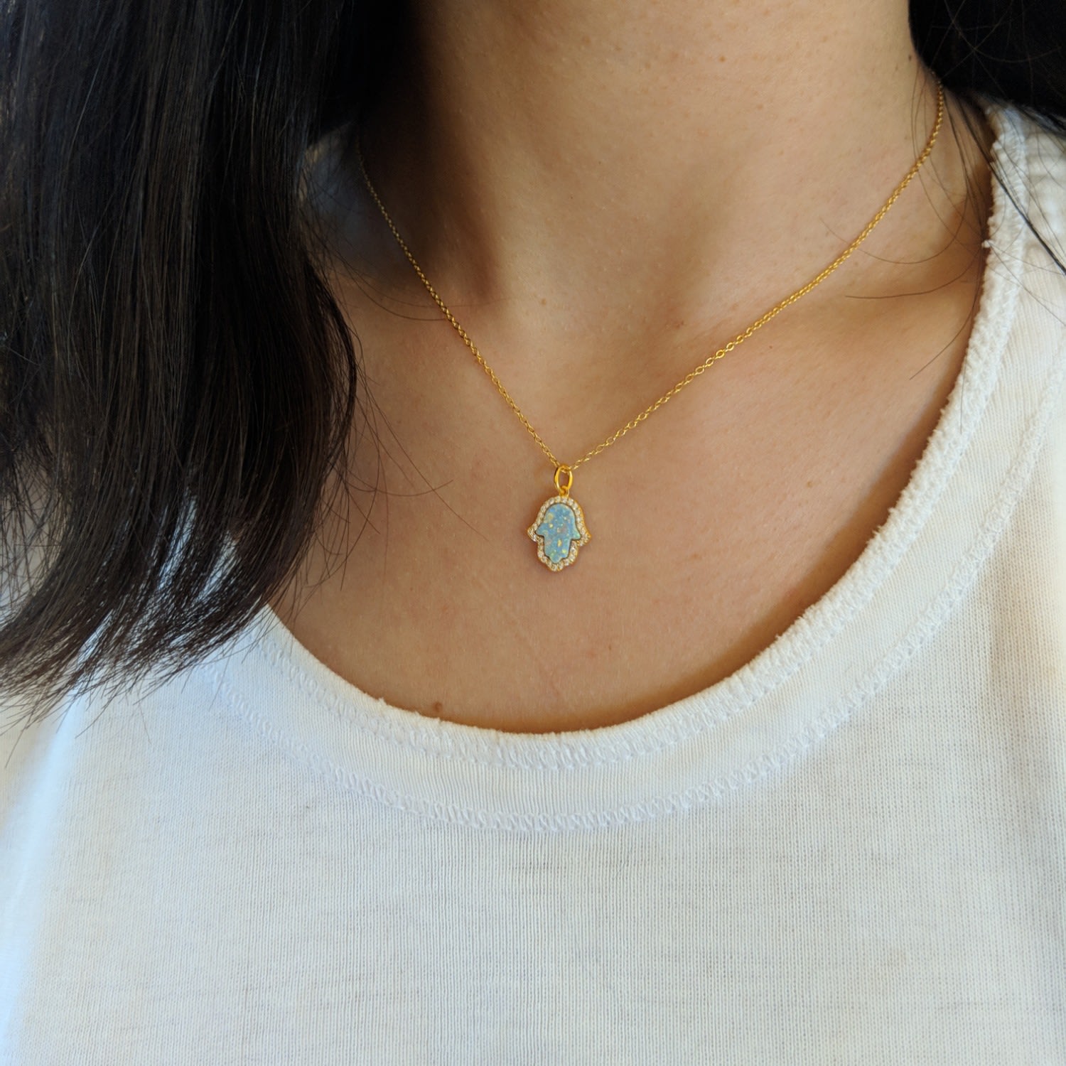 Opal Hamsa Hand Necklace In Green Opal