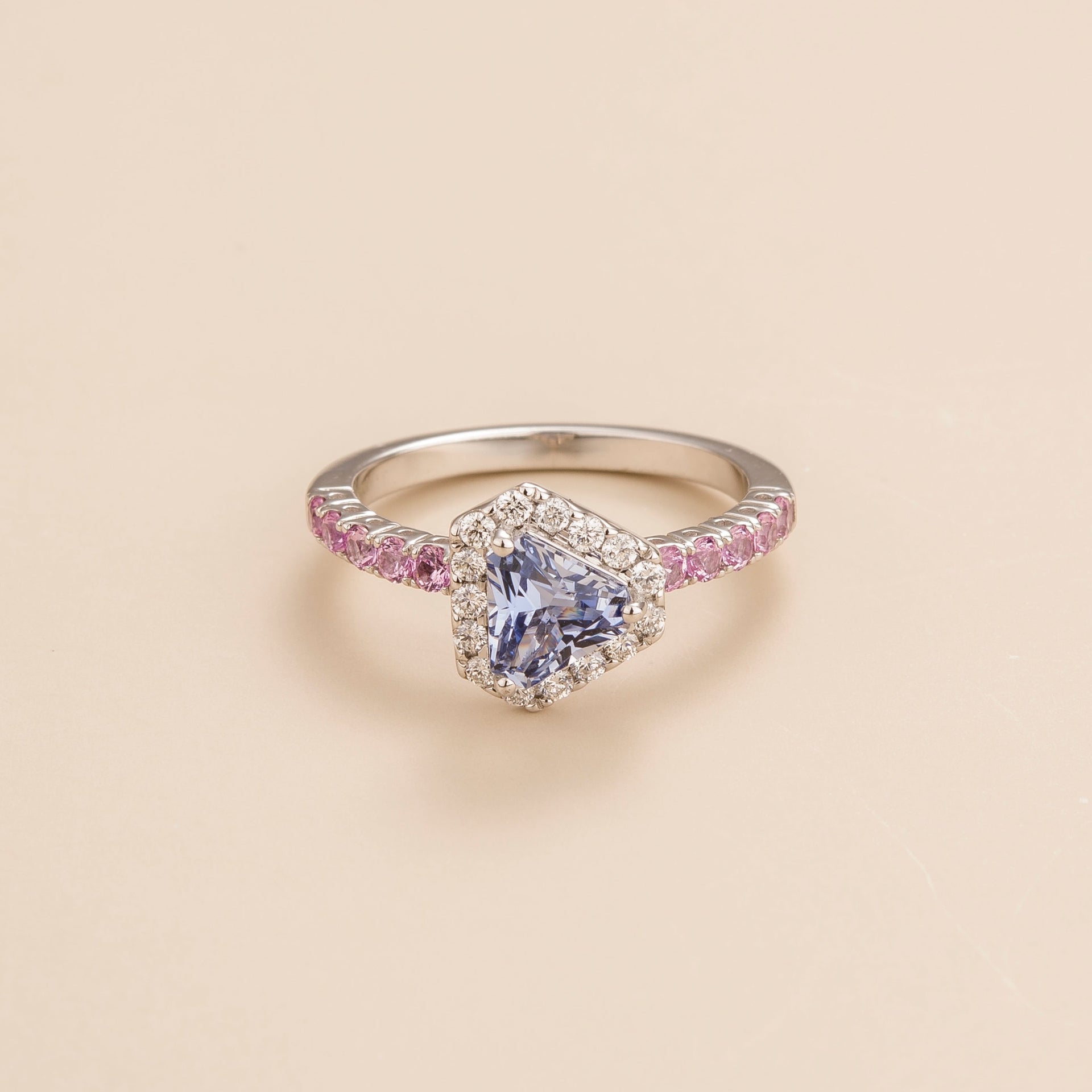 Diana White Gold Ring Ceylon Blue, Pink Sapphire & Diamond
