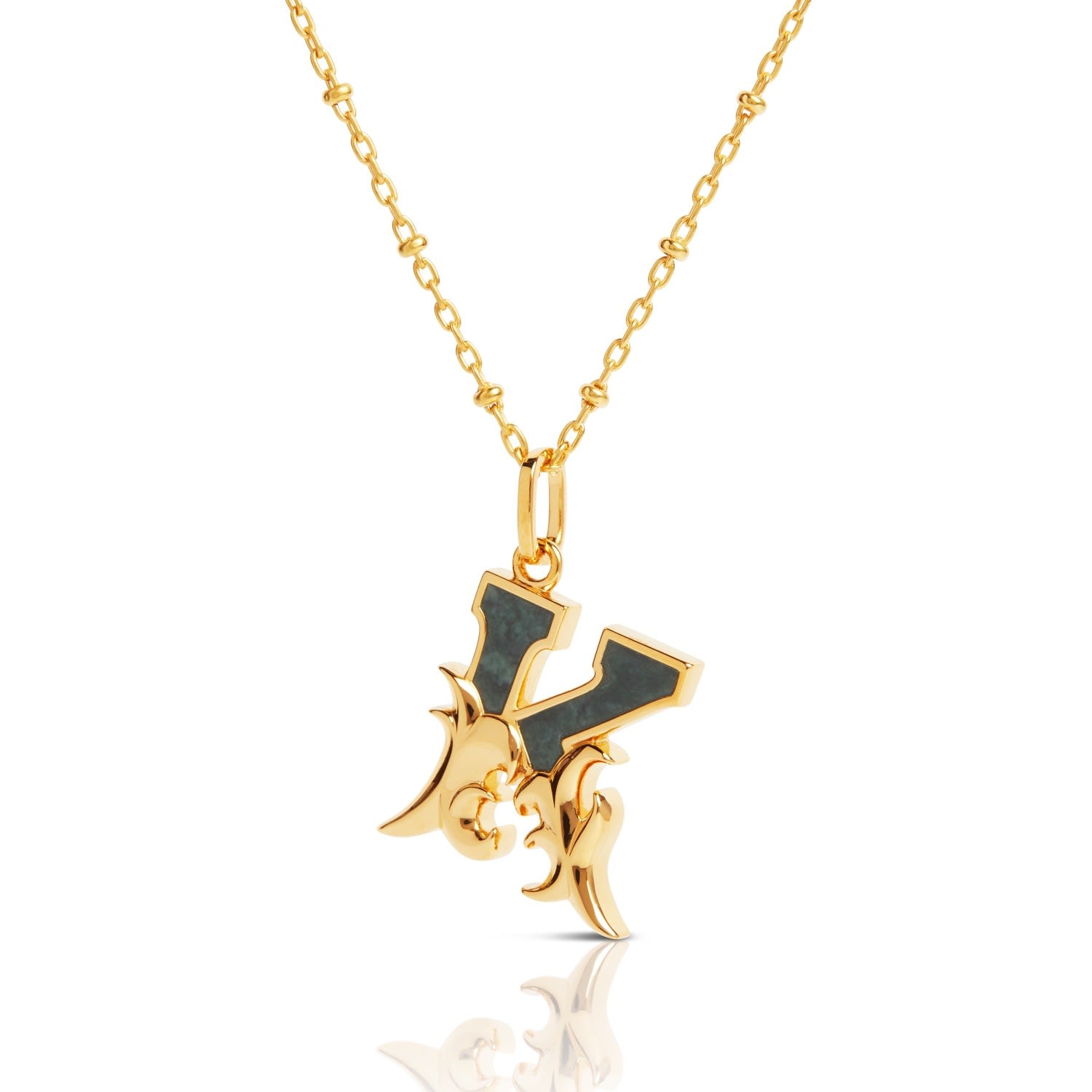Gold Plated K Initial Necklace With Green Marble