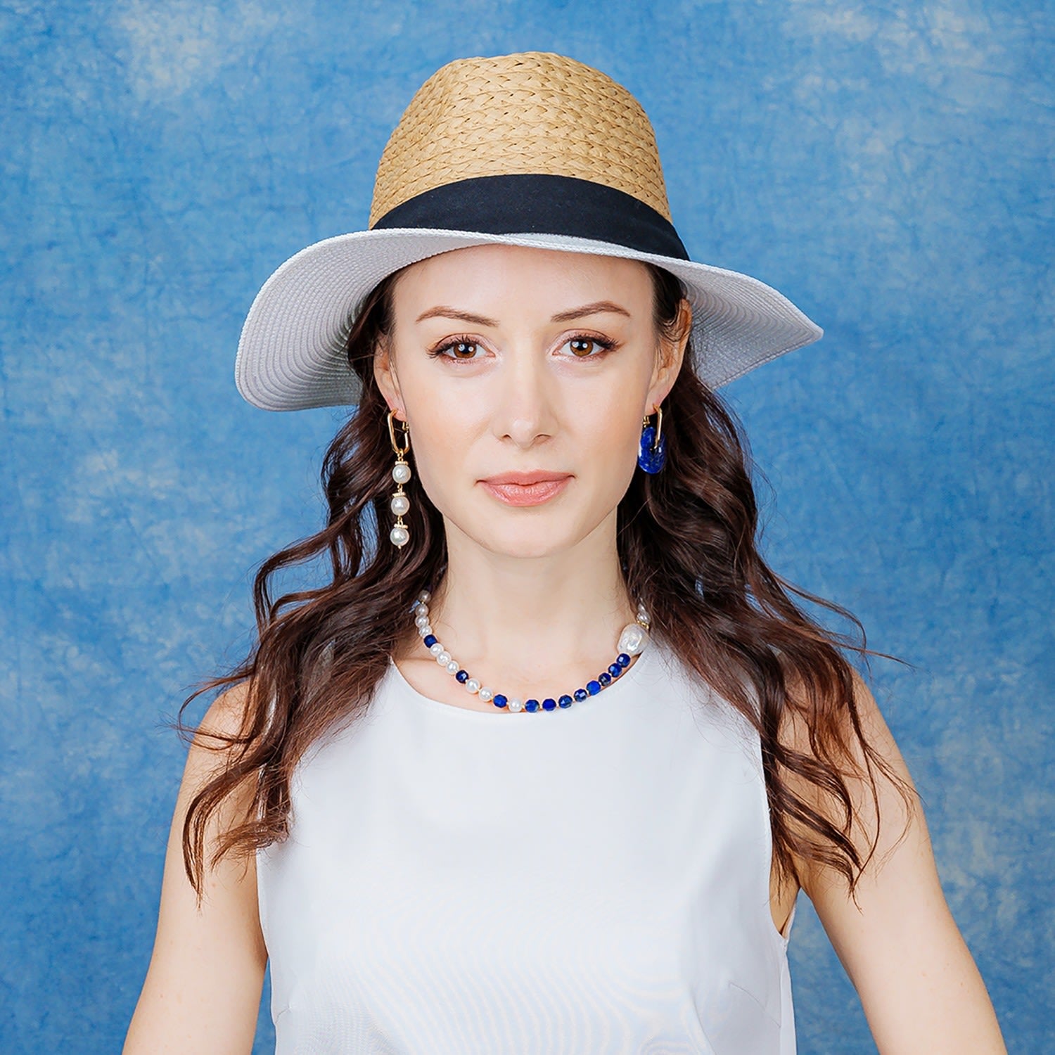 Asymmetric Lapis & Freshwater Pearls Clip On Earrings