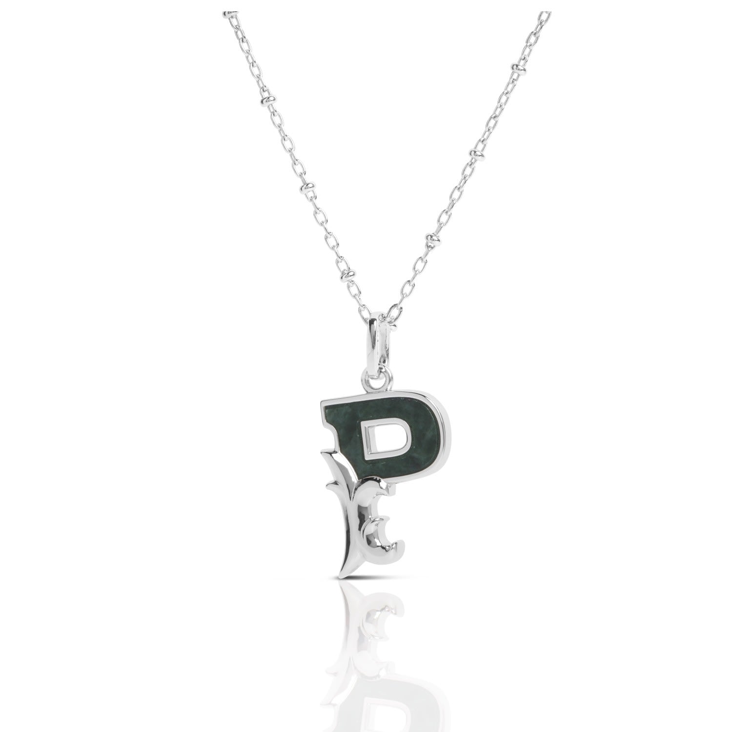 Solid Silver P Initial Necklace With Green Marble