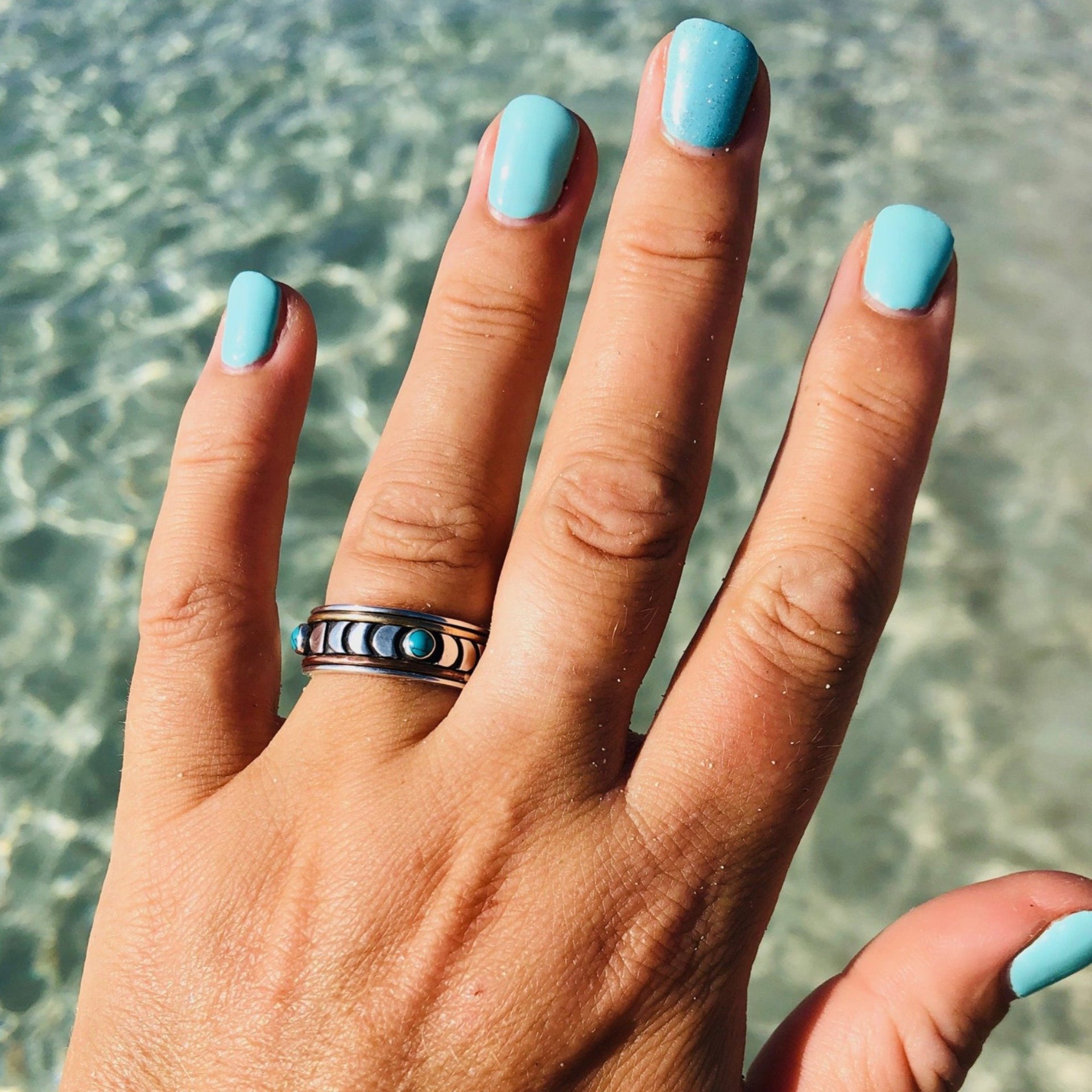 Moon Phase Silver Spinning Ring - Turquoise