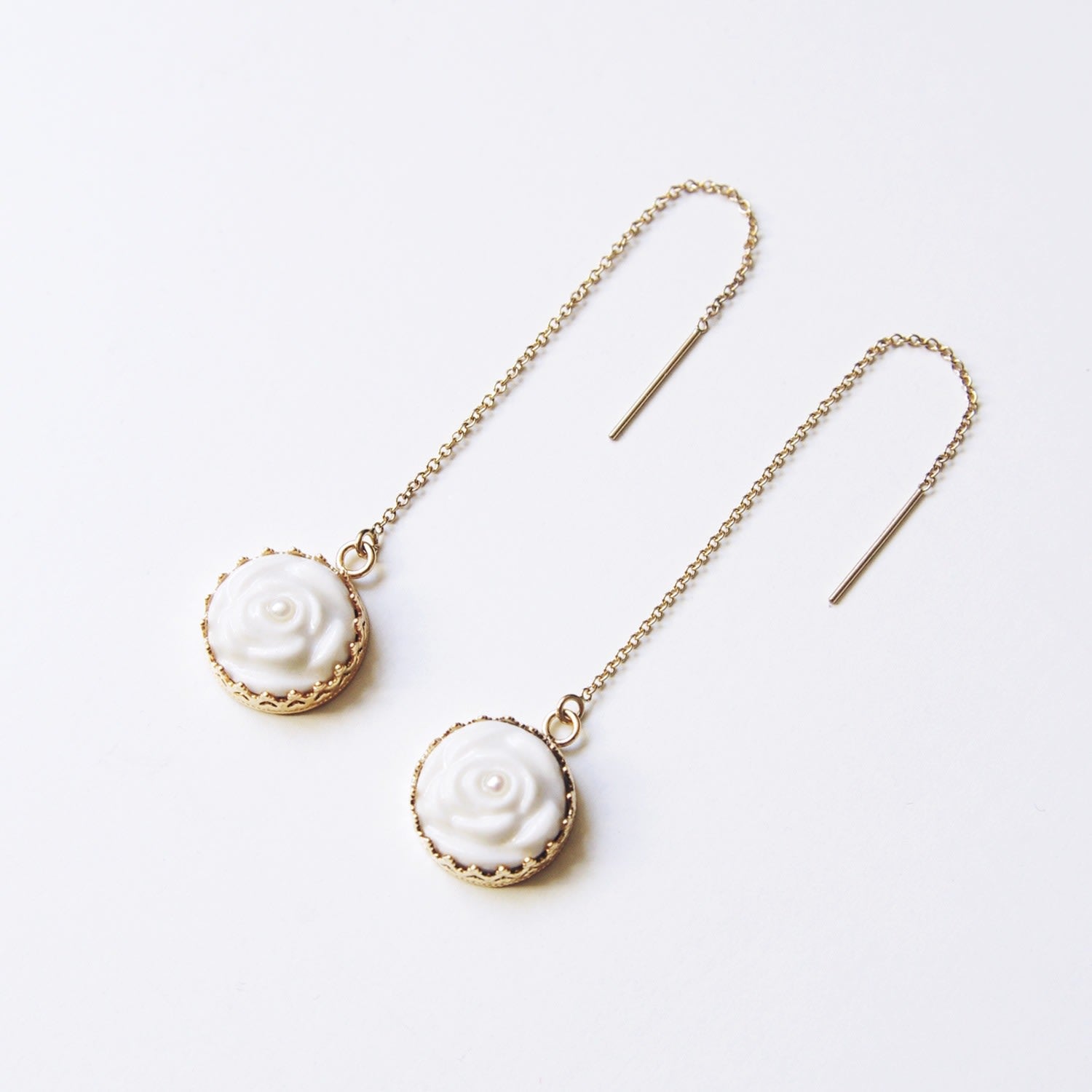 Porcelain Rose With Pearl Gold Filled Chain Earrings