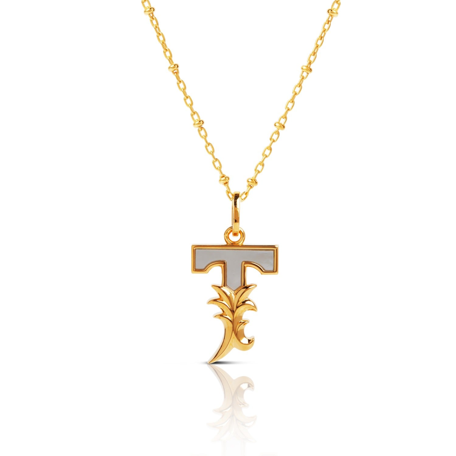 Gold Plated T Initial Necklace With Mother Of Pearl