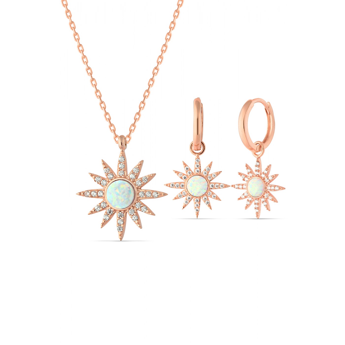 White Opal Sun Sterling Silver Necklace & Earring Set - Rose Gold