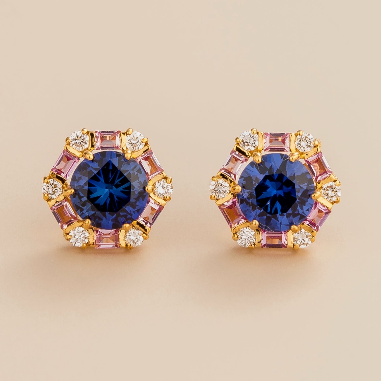 Melba Gold Earrings Blue Sapphires, Pink Sapphire & Diamond