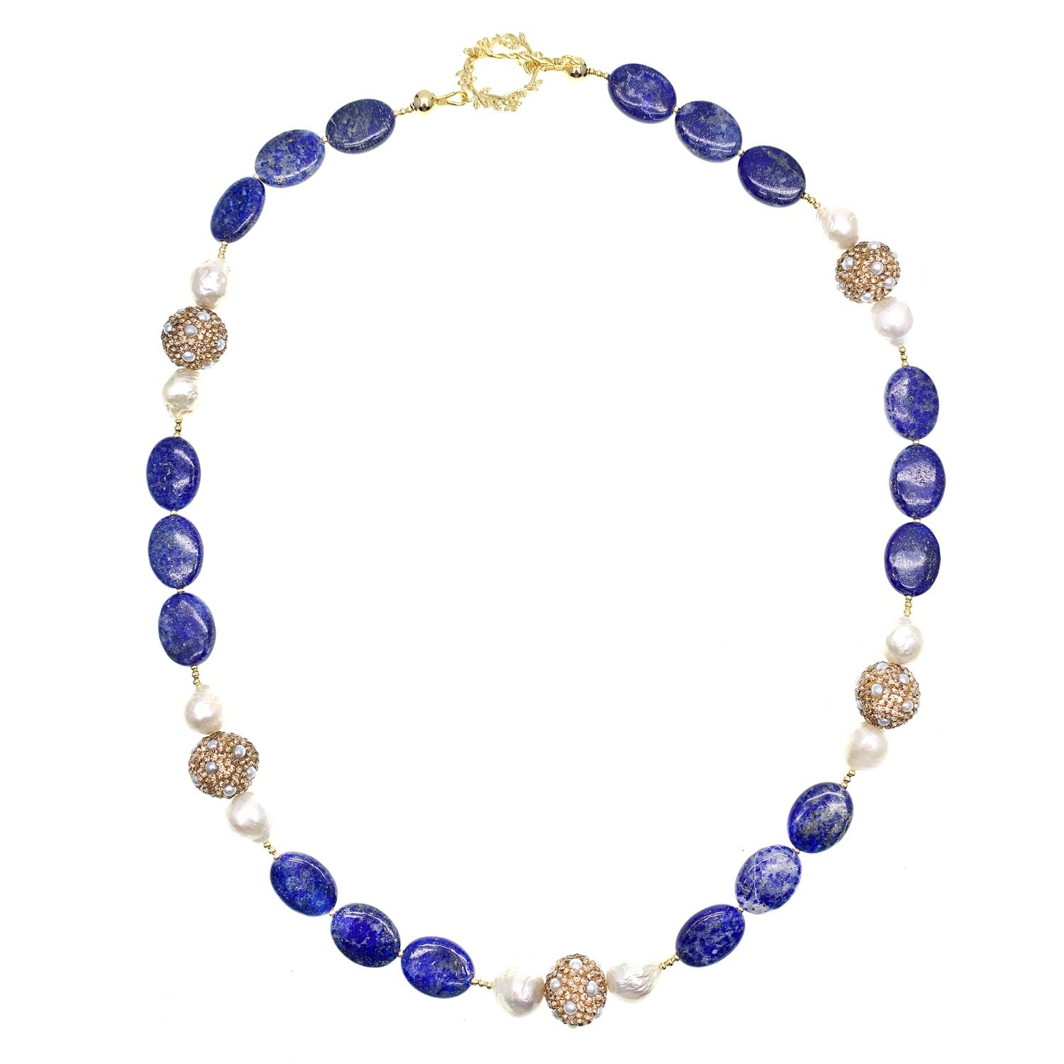 Lapis With Freshwater Pearl With Rhinestone Necklace