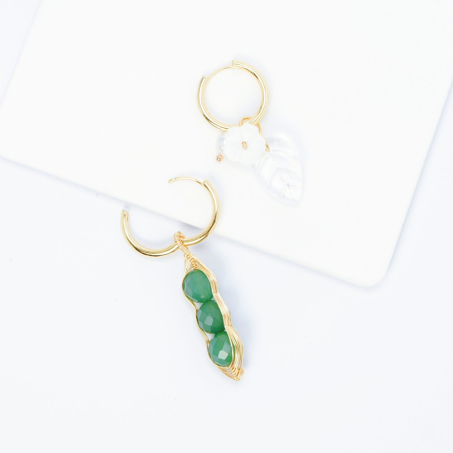 Garden Peas & Hoop Drop Asymmetrical Earrings Green Chrysoprase