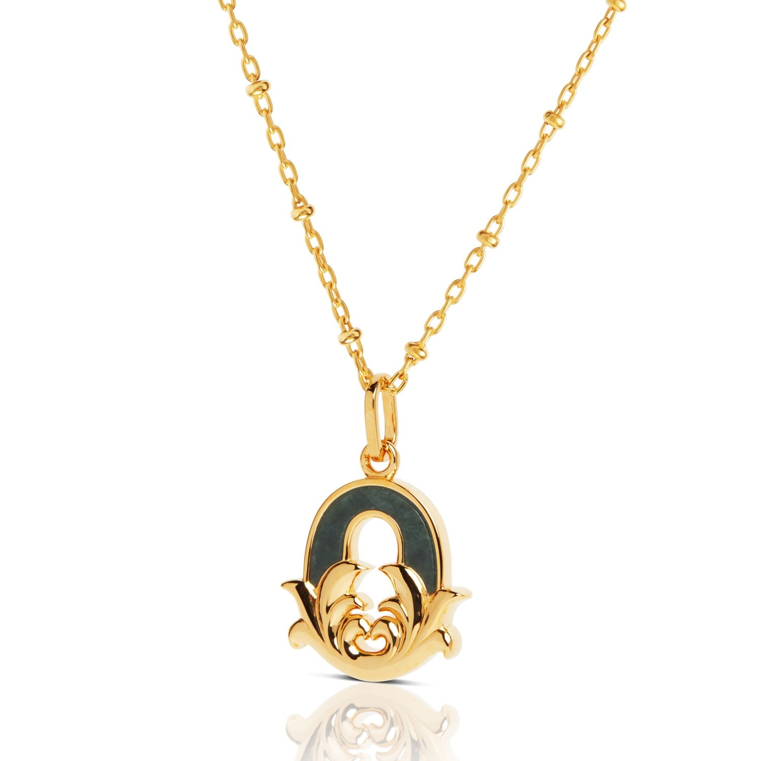 Gold Plated O Initial Necklace With Green Marble