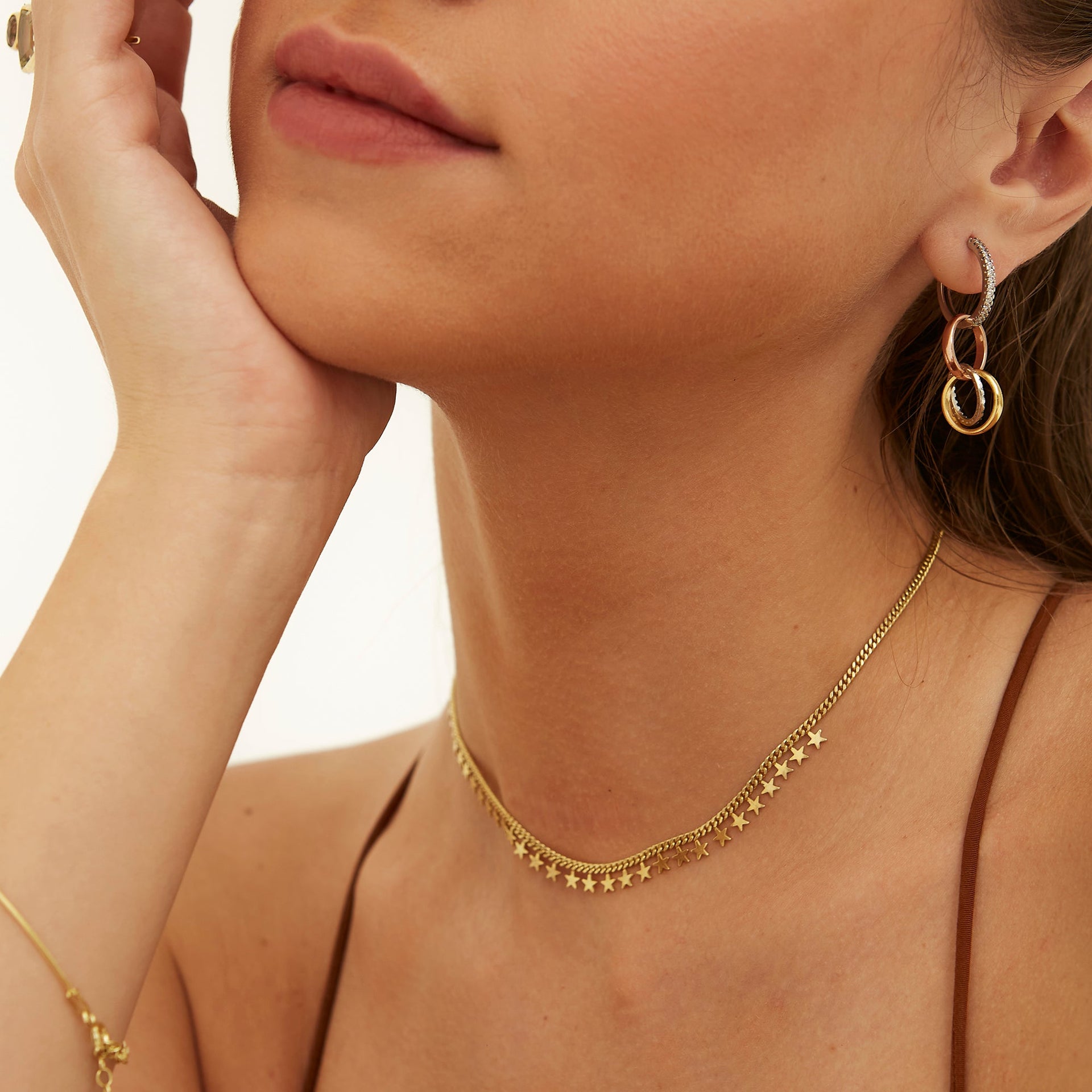 Multiple Star Sterling Silver Station Necklace - Gold