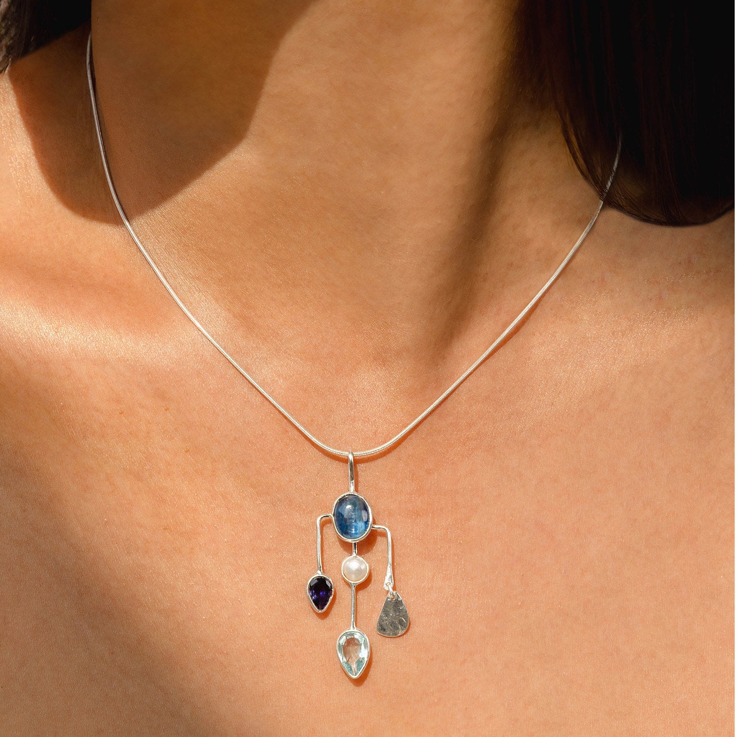 Kyanite, Iolite, Pearl, & Blue Topaz Contemporary Gemstone Necklace