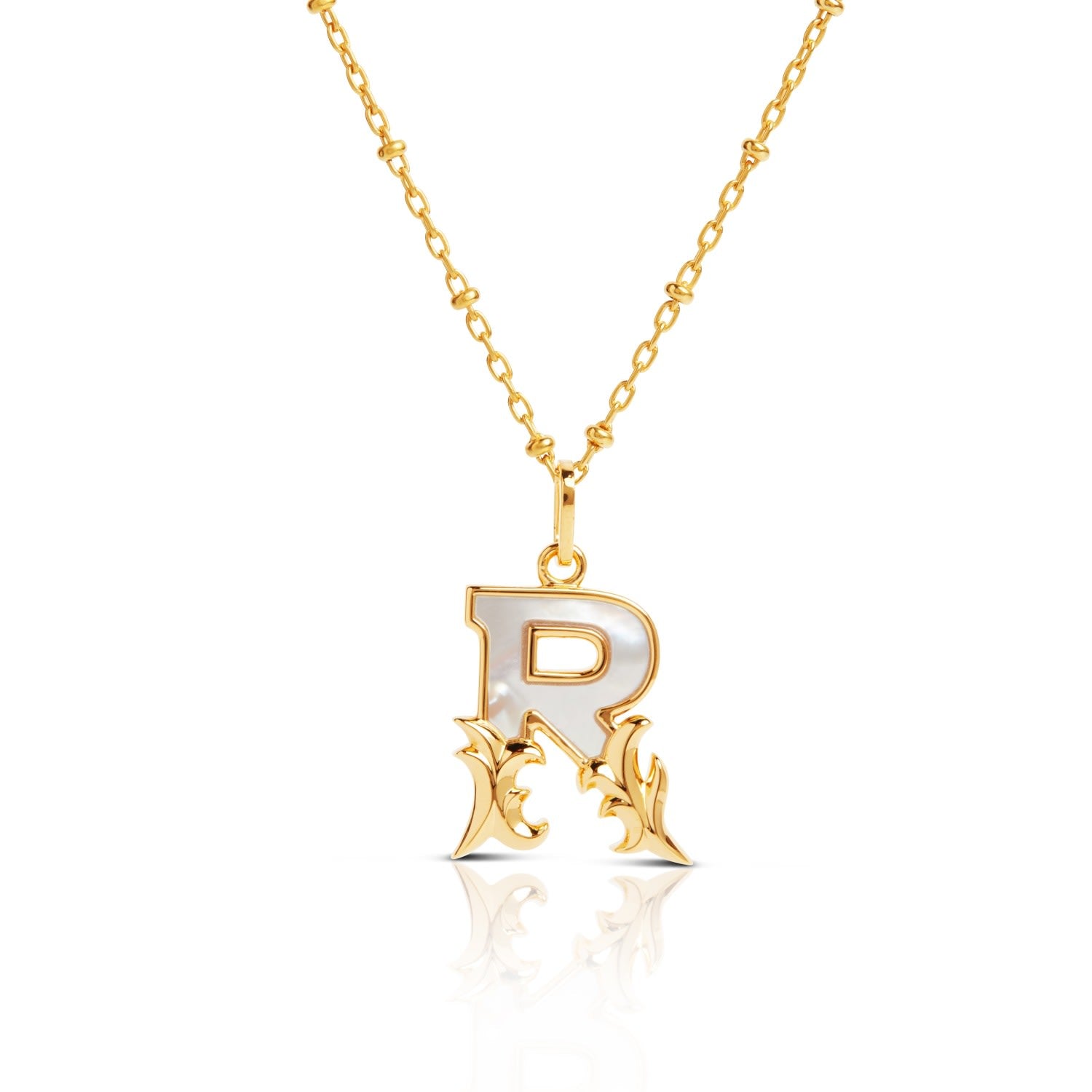 Gold Plated R Initial Necklace With Mother Of Pearl