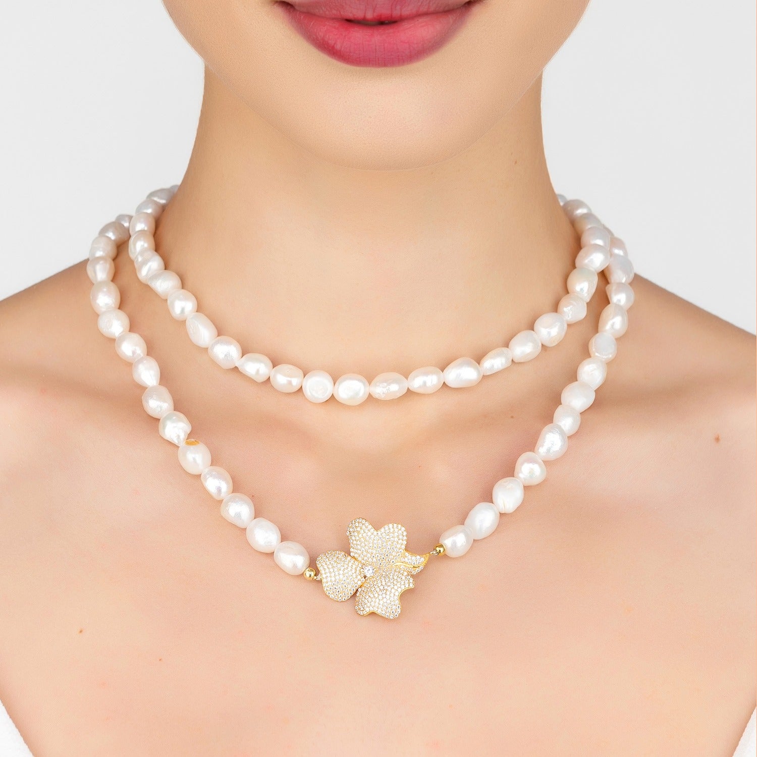 Flower Pearl Gemstone Long Necklace White Cz Gold