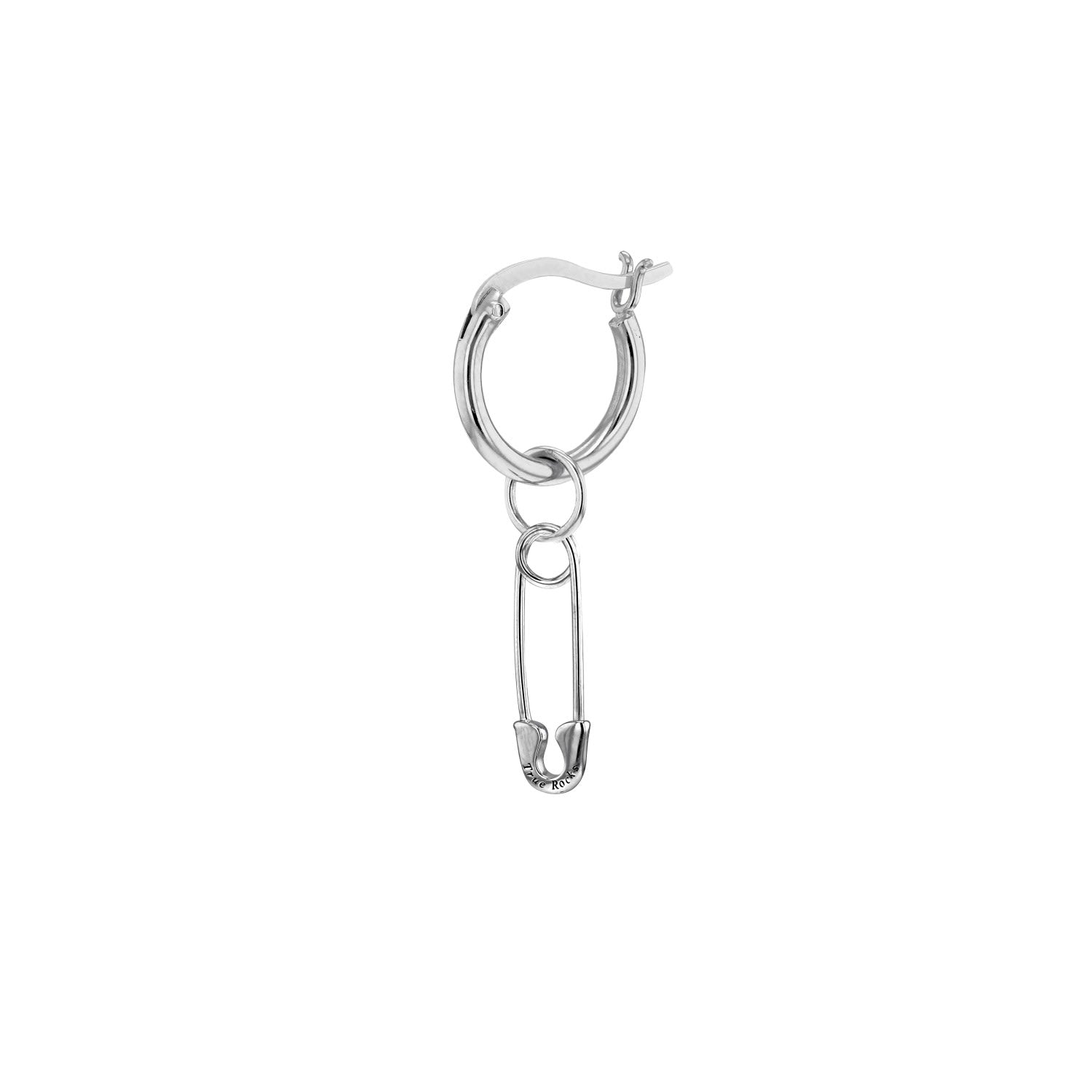 Mini Safety Pin Charm In Sterling Silver On Silver Hoop