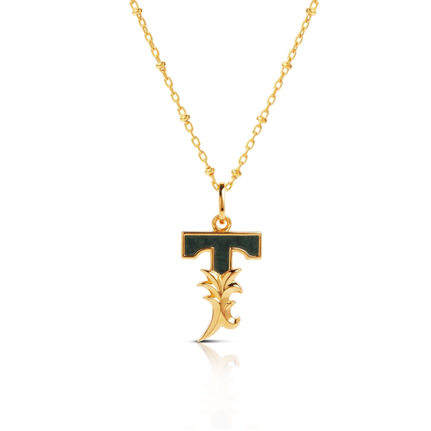 Gold Plated T Initial Necklace With Green Marble