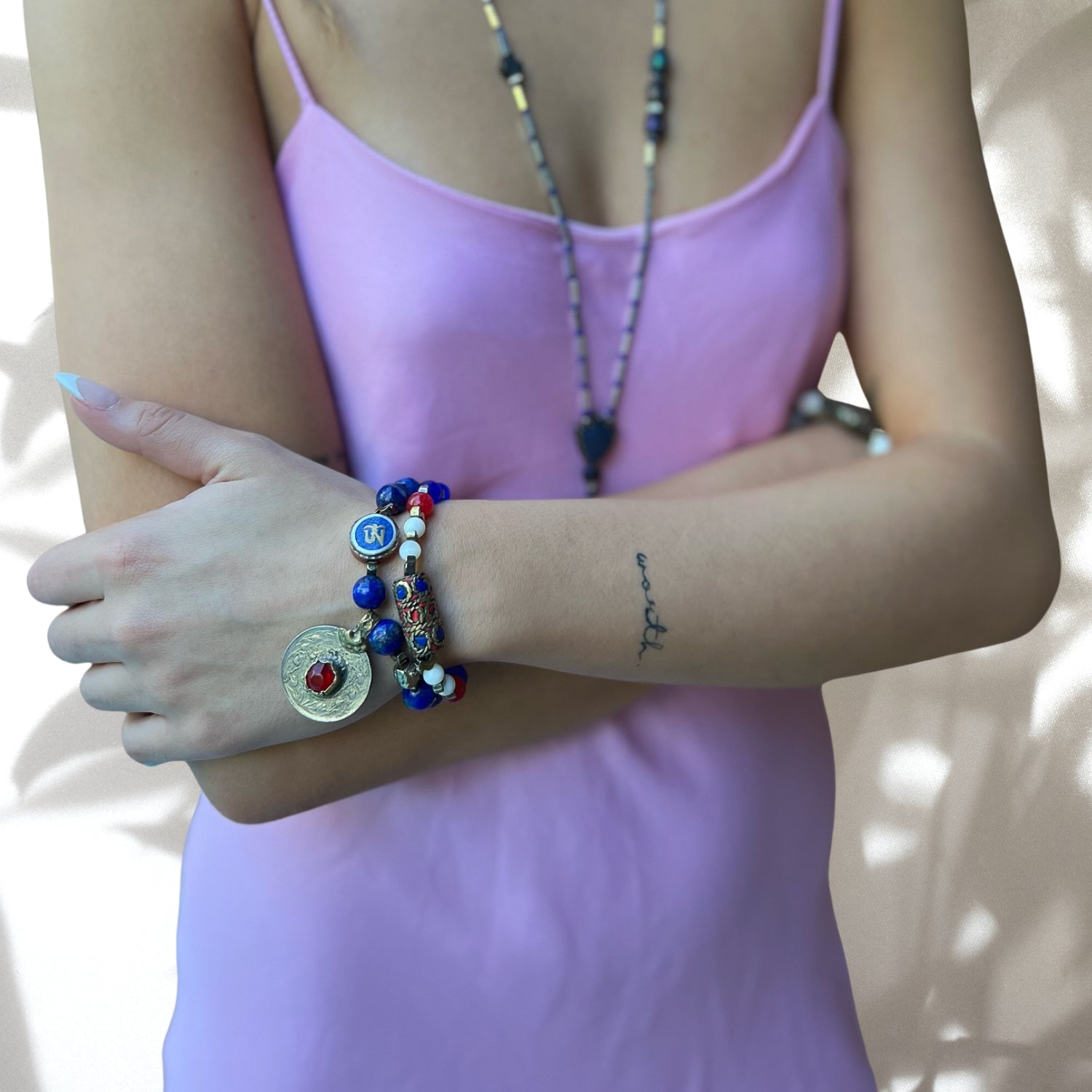 Lapis Lazuli Stone Tibetan Charms Unique Bracelet Set - Blue