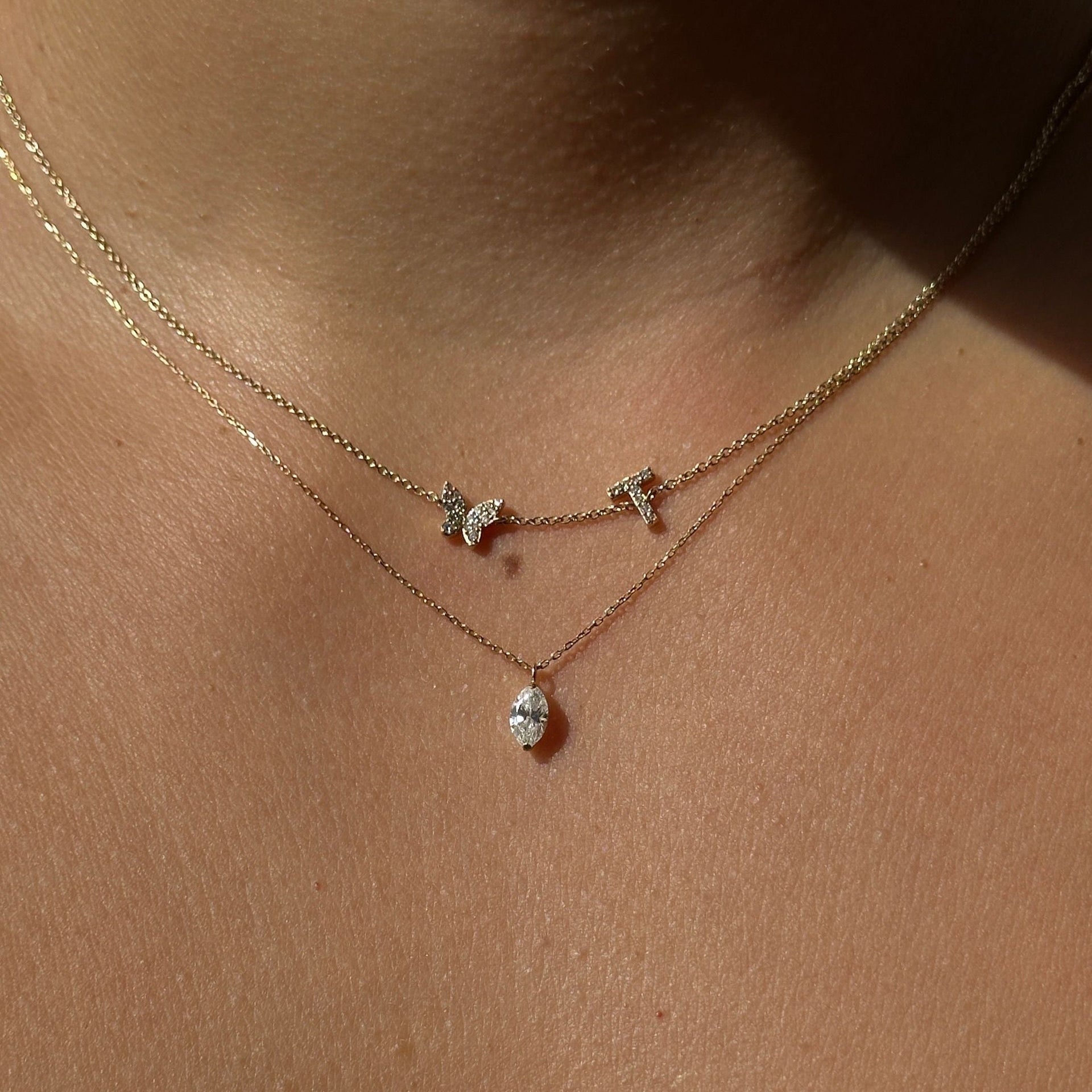 Gold Diamond Letter T Butterfly Necklace