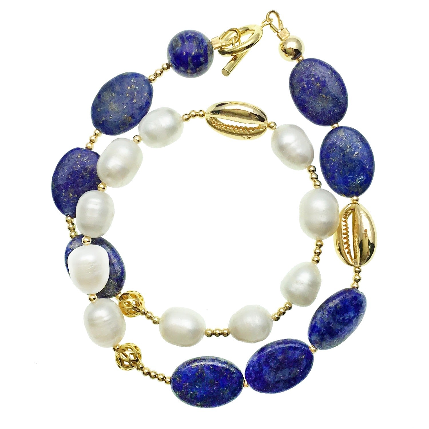 Natural Lapis With Freshwater Pearls Double Wrapped Bracelet