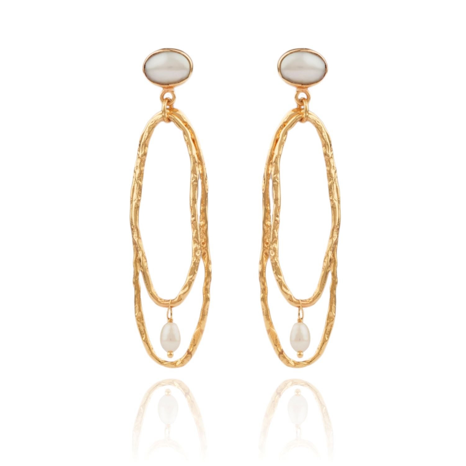 Lacey Drop Earrings With Hammered Irregular Hoops And Pearls