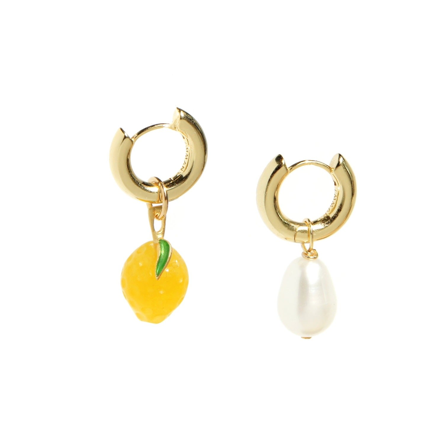 Organic Fruit & Pearl Asymmetrical Hoop Earrings, 18K Gold Vermeil, Jade Lemon