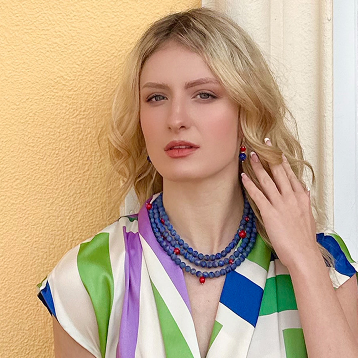 Lapis And Red Coral Dangle Earrings