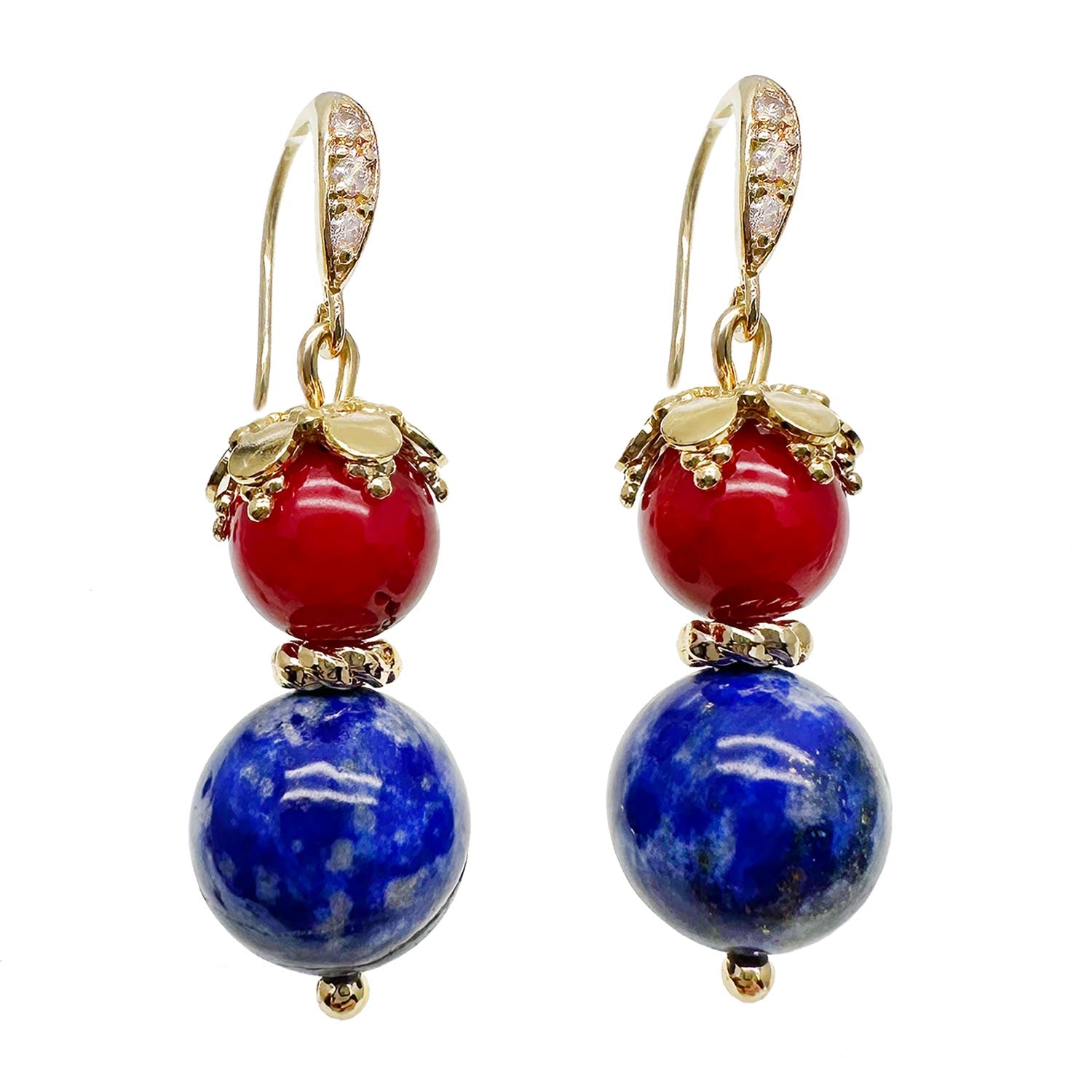 Lapis And Red Coral Dangle Earrings