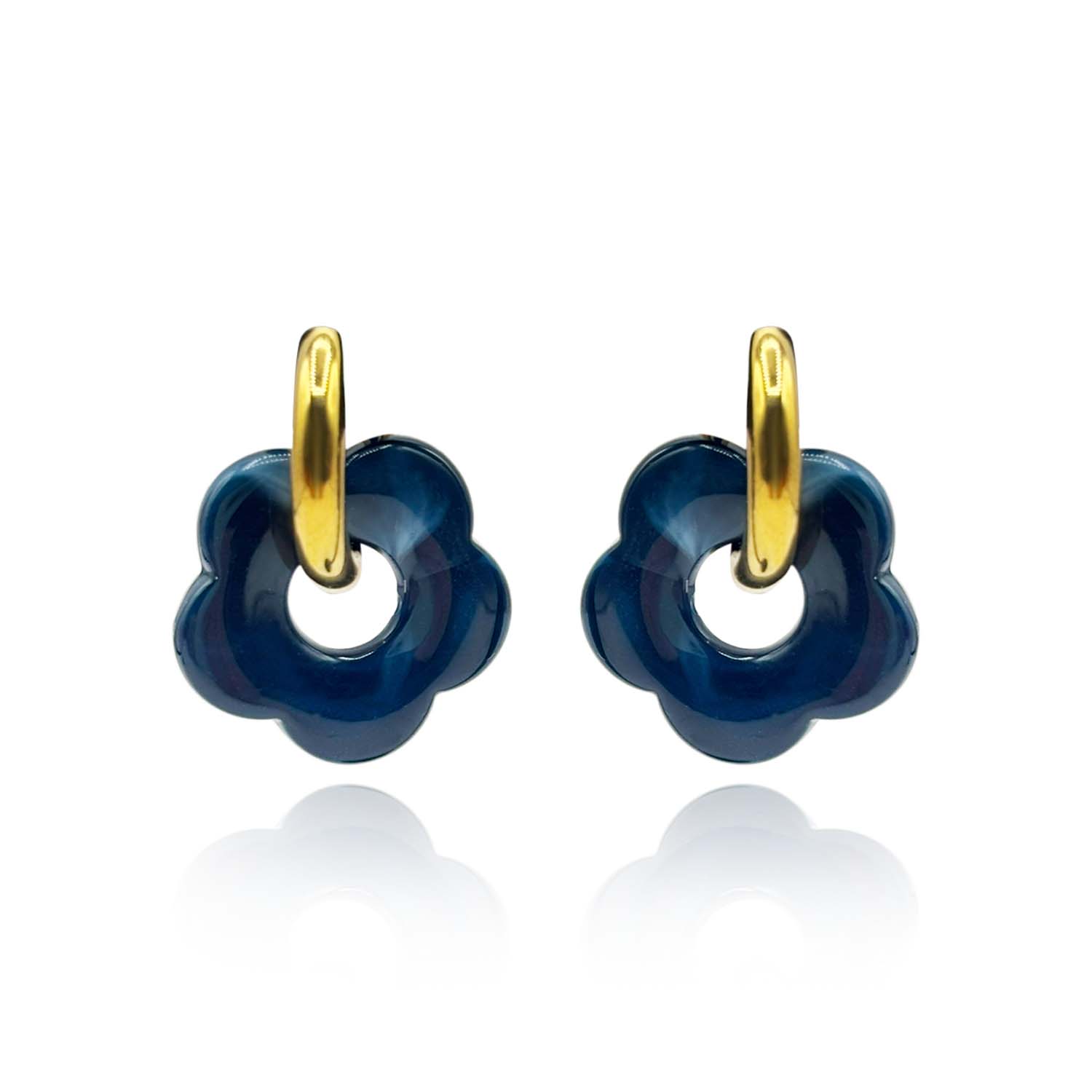 Lapis Blue Resin Floral Drops On Gold Hoops