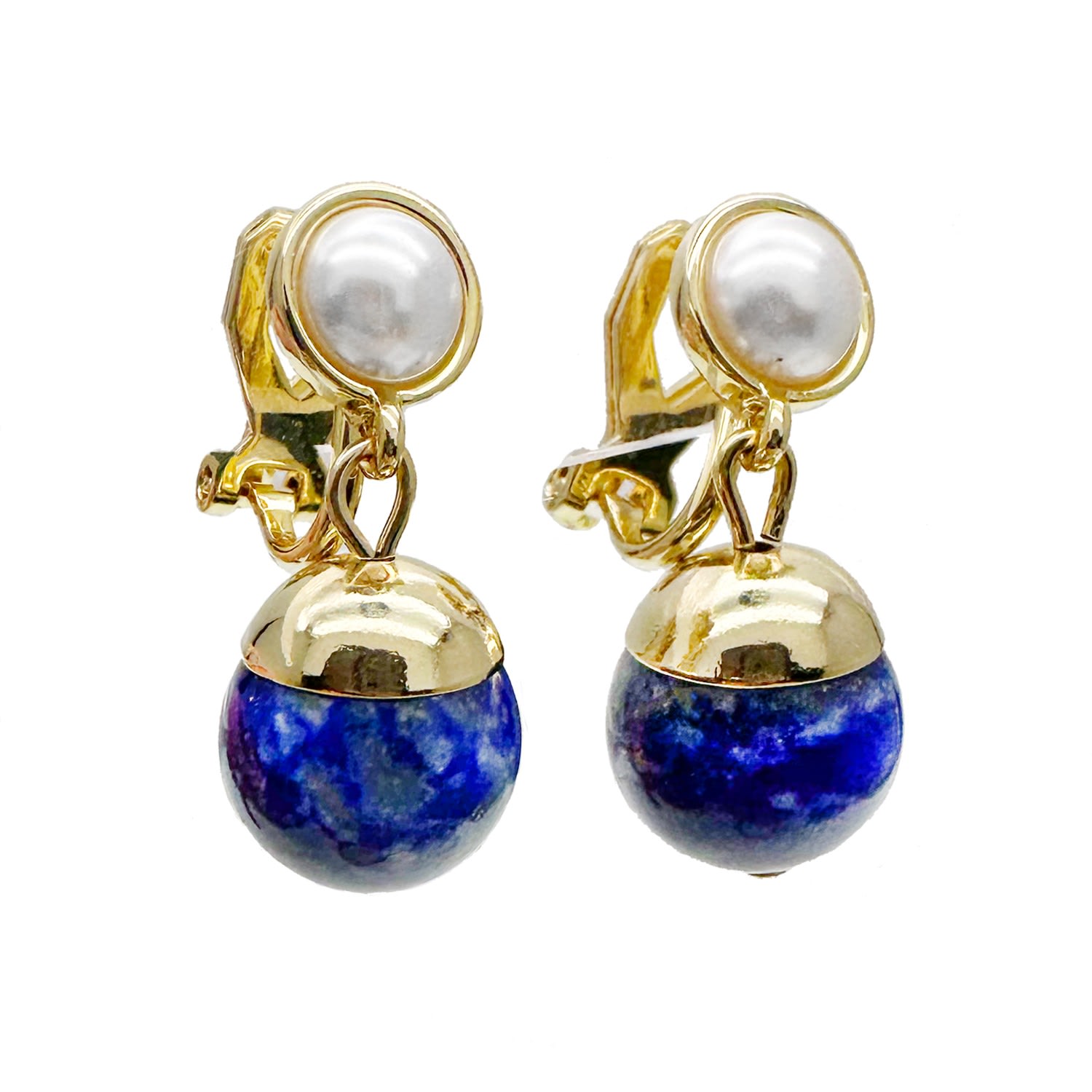 Lapis Dangle Pearls Clip-On Earrings