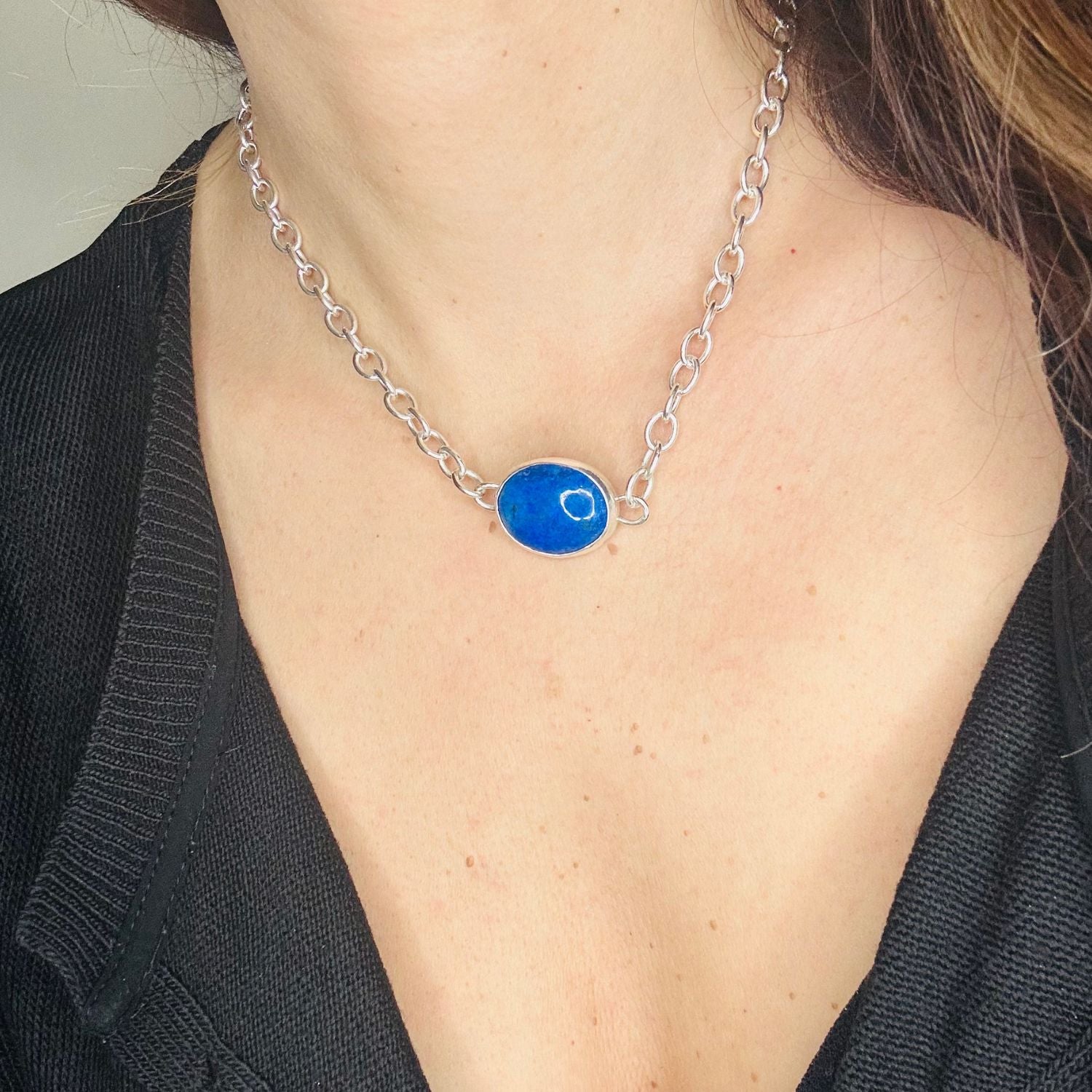 Lapis Lazuli Cabochon Sterling Silver Choker. One Of A Kind