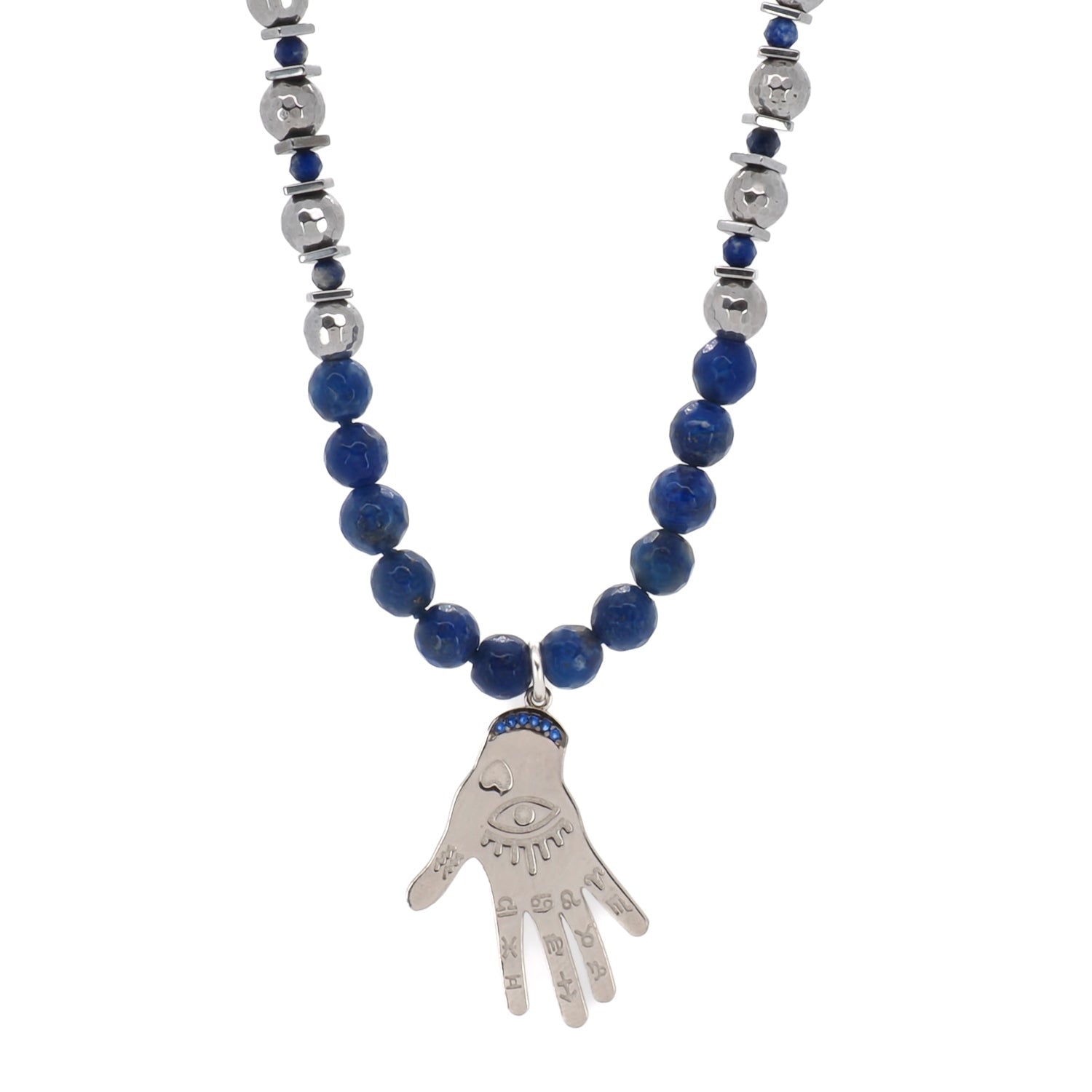 Lapis Lazuli & Hematite Stone Sterling Silver Hamsa Pendant Beaded Necklace - Blue