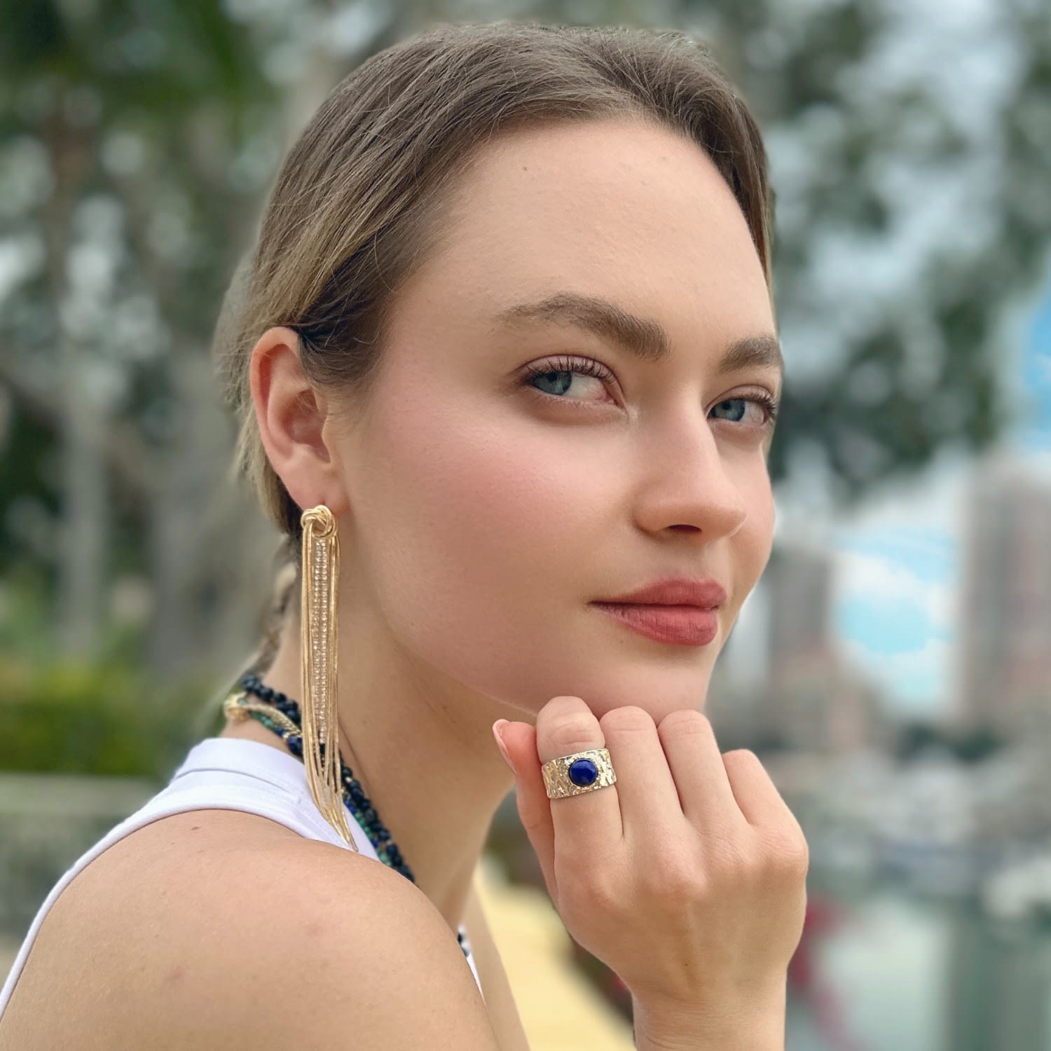 Lapis Stone Platinum Plated Brass Adjustable Ring