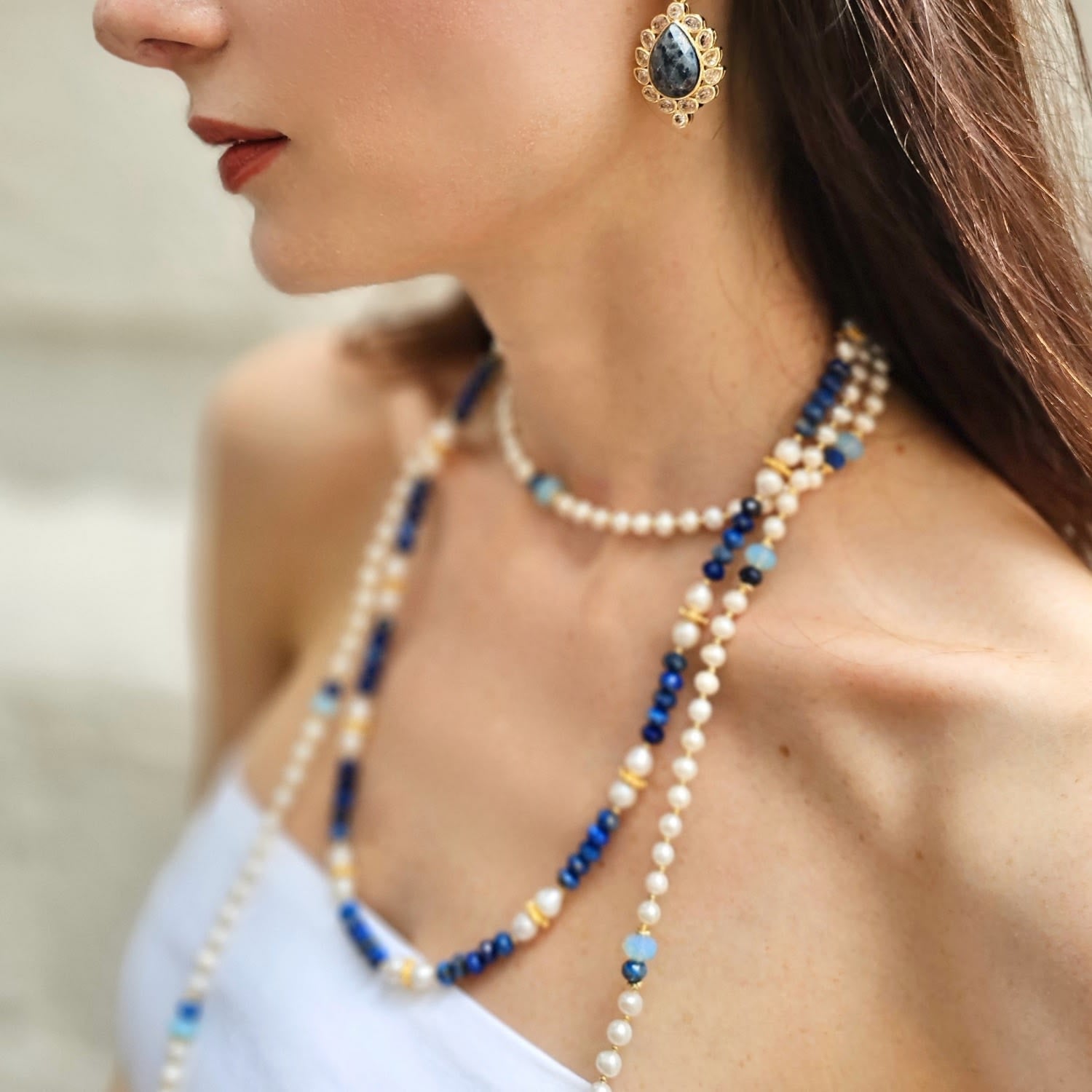 Lapis With Freshwater Pearls Matinee Length Necklace